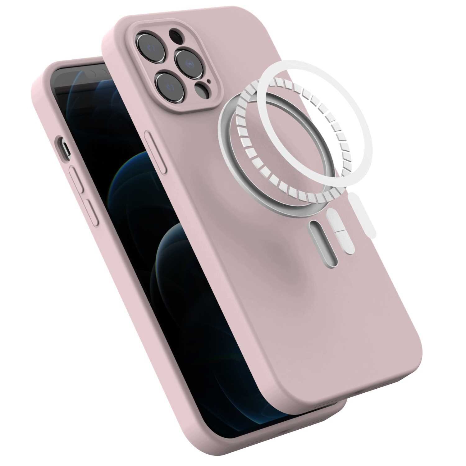 Różowe silikonowe etui magnetyczne z MagSafe do iPhone 12 Pro Max. Etui ma wycięcia na aparat i przyciski oraz widoczny okrągły element magnetyczny.