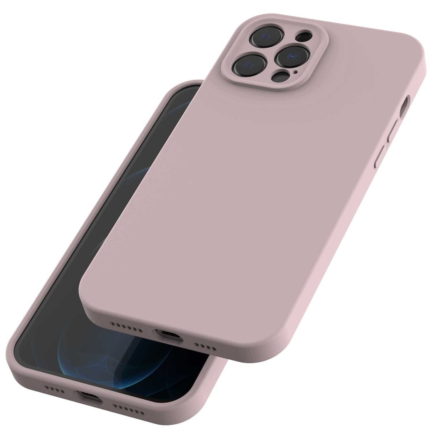 Różowe silikonowe etui na telefon z trzema otworami na aparaty i wycięciem na port ładowania. Etui jest pokazane na dwóch telefonach, z przodu i z tyłu.