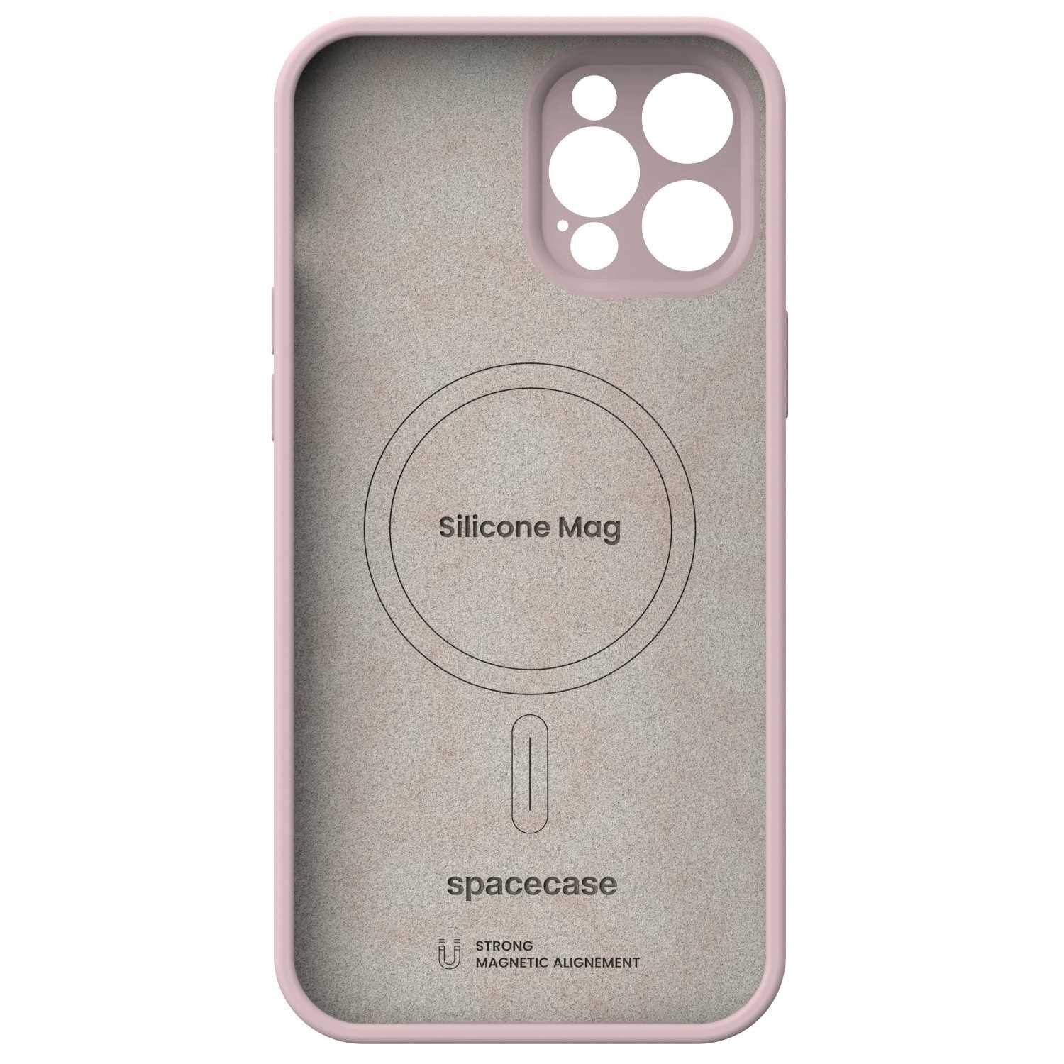 Różowe silikonowe etui z okrągłym wycięciem na aparat i napisem \'Silicone Mag\' oraz \'spacecase\'. Widoczny jest również napis \'STRONG MAGNETIC ALIGNEMENT\'.