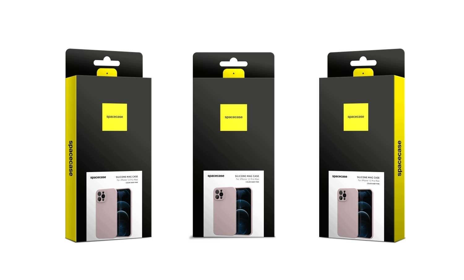 Trzy opakowania produktu SPACECASE z silikonowym etui magnetycznym do iPhone 12 Pro Max w kolorze różowym. Na opakowaniach widoczne jest logo \'spacecase\' oraz zdjęcie telefonu z etui.