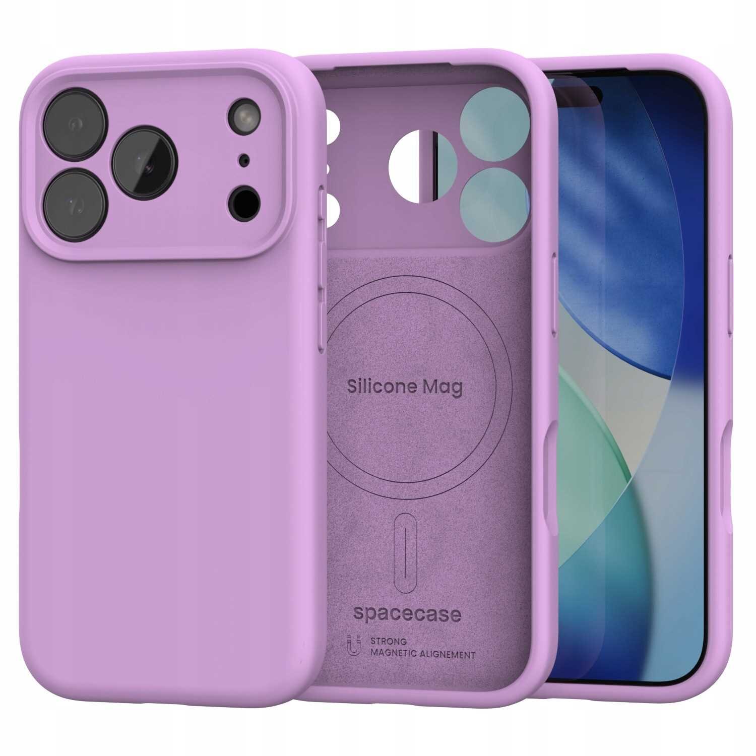 Różowe silikonowe etui magnetyczne z trzema otworami na aparat i napisem \'Silicone Mag\' oraz \'spacecase\' wewnątrz. Etui jest przeznaczone do telefonu iPhone z funkcją MagSafe.