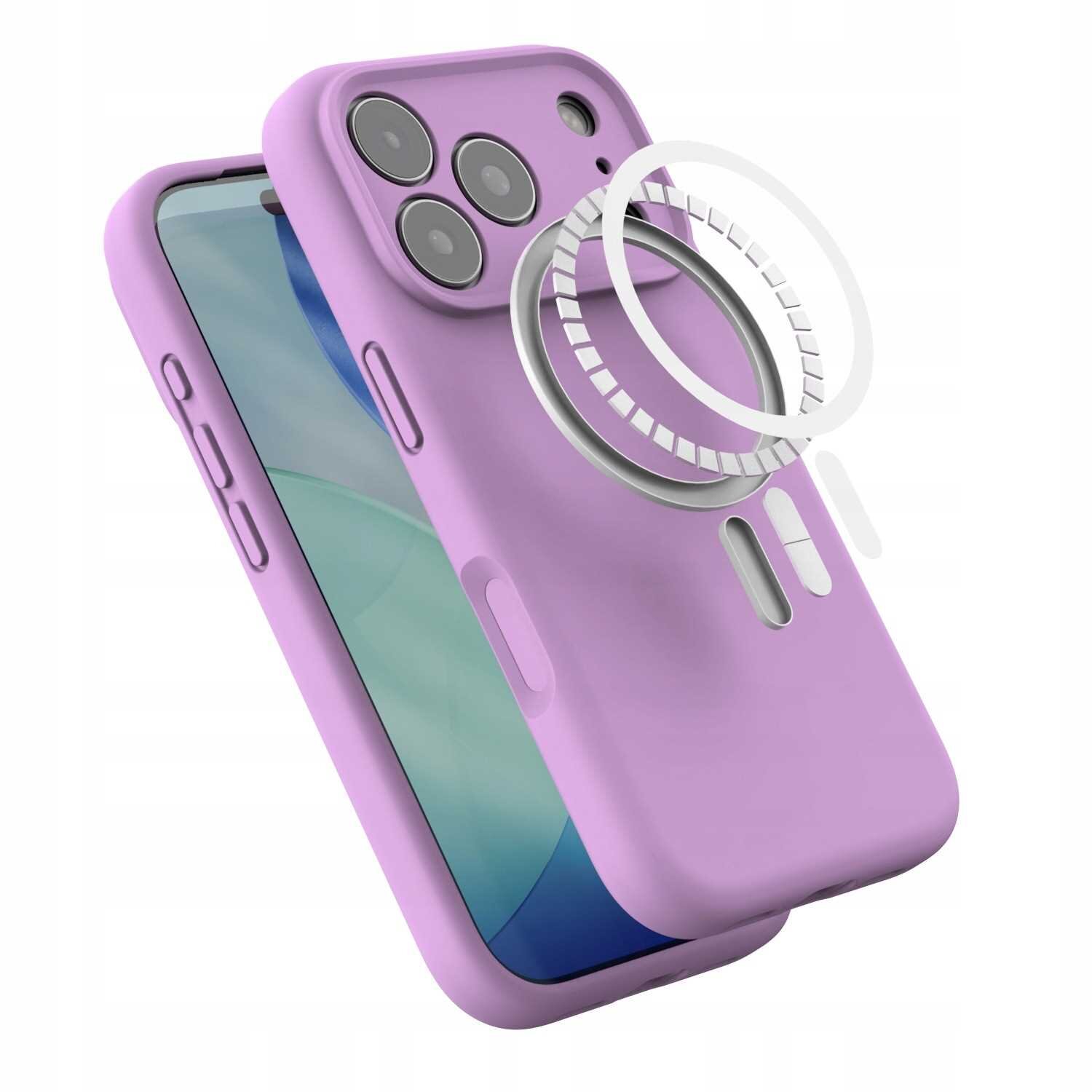 Różowe silikonowe etui magnetyczne z MagSafe do iPhone\'a z trzema dużymi otworami na aparaty. Obok etui widoczny jest schematyczny rysunek pierścienia magnetycznego.