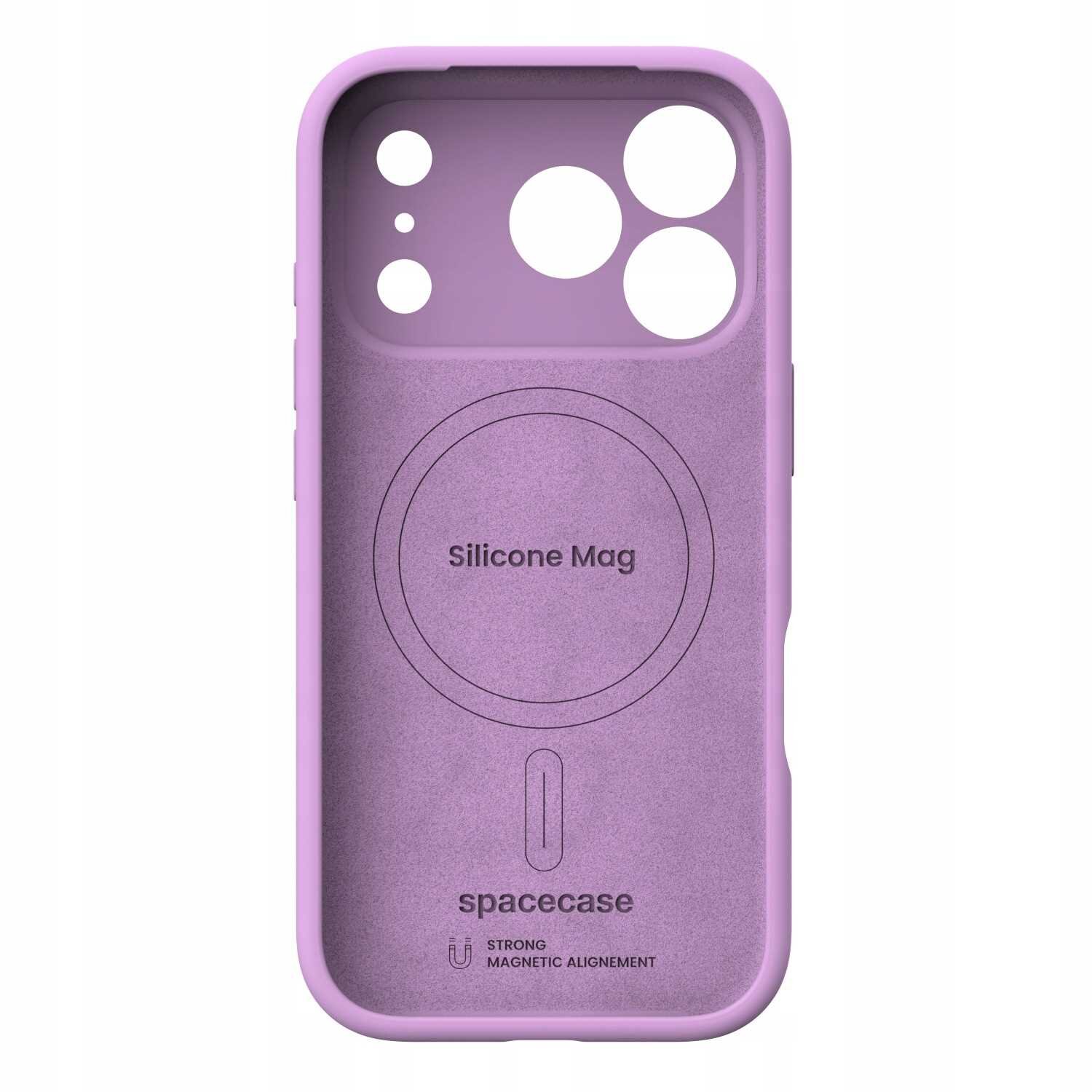Różowe silikonowe etui z okrągłym wycięciem na aparat i napisem \'Silicone Mag\' oraz \'spacecase\'. Na dole widoczny jest symbol magnesu i napis \'STRONG MAGNETIC ALIGNEMENT\'.