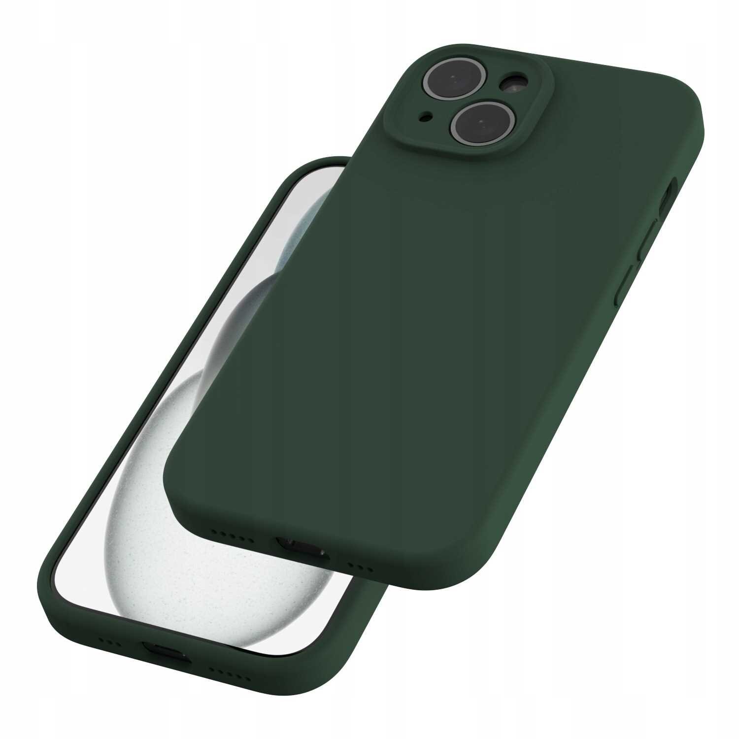 Zielone silikonowe etui magnetyczne z MagSafe, przeznaczone do iPhone 15, widoczne z przodu i z tyłu. Etui ma wycięcia na aparat i porty.