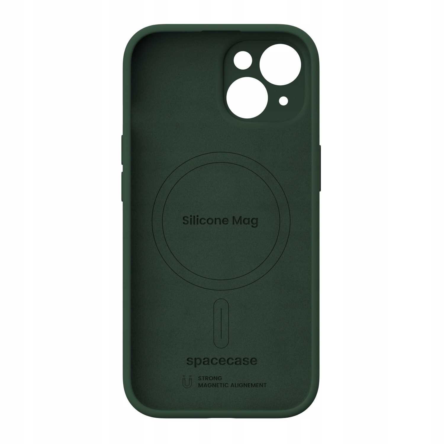Zielone silikonowe etui z okrągłym wzorem i napisem \'Silicone Mag\'. Na dole widoczne jest logo \'spacecase\' oraz napis \'STRONG MAGNETIC ALIGNMENT\'.