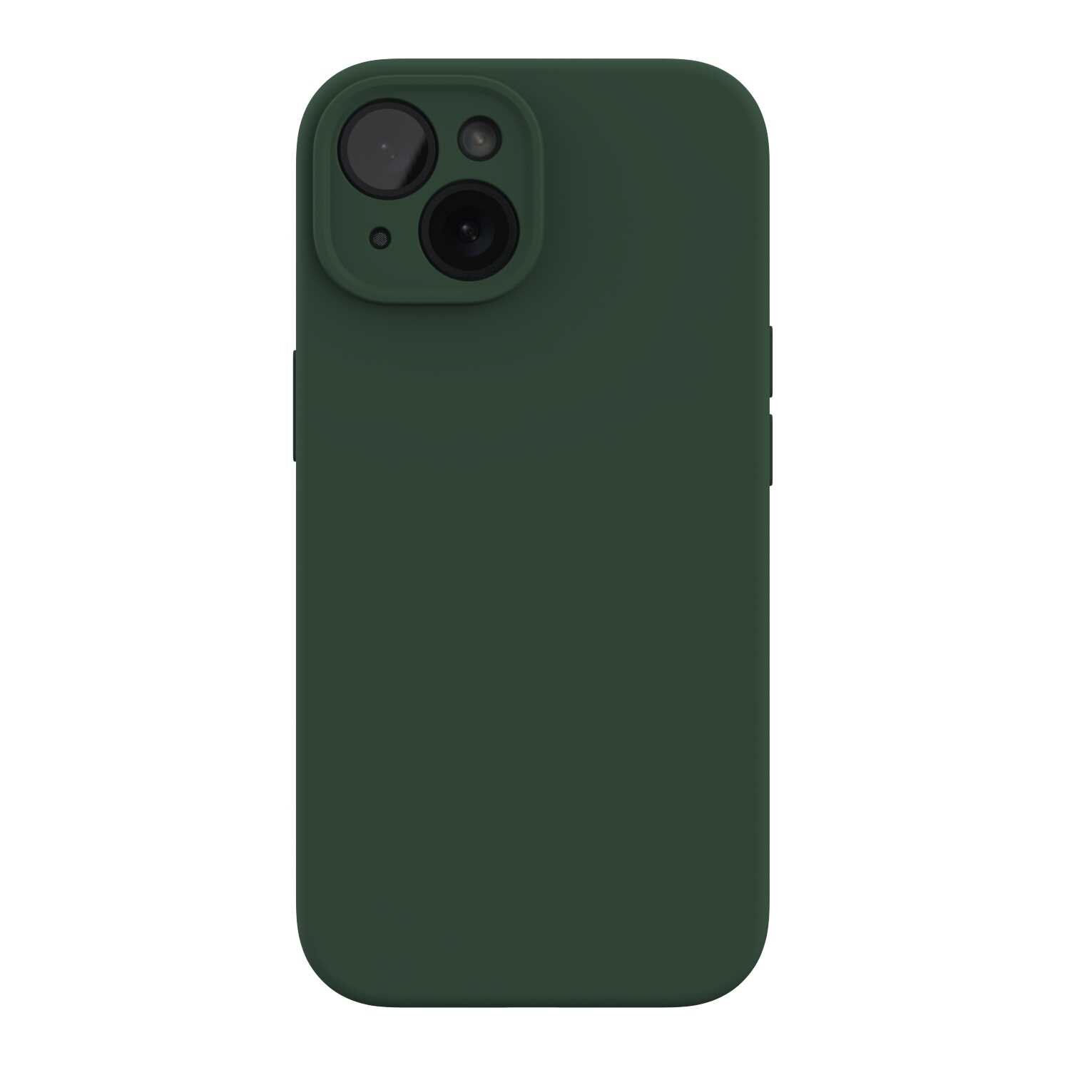 Zielone silikonowe etui na telefon z wycięciem na aparat i przyciski boczne. Etui ma gładką powierzchnię i jest przeznaczone do iPhone 15.