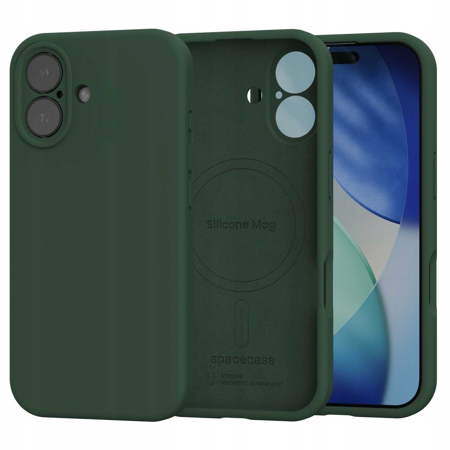 Zielone silikonowe etui magnetyczne z napisem \'Silicone Mag\' i \'spacecase\' oraz miejscem na aparat i logo producenta. Wewnątrz widoczny jest okrągły wzór wskazujący na funkcję MagSafe.