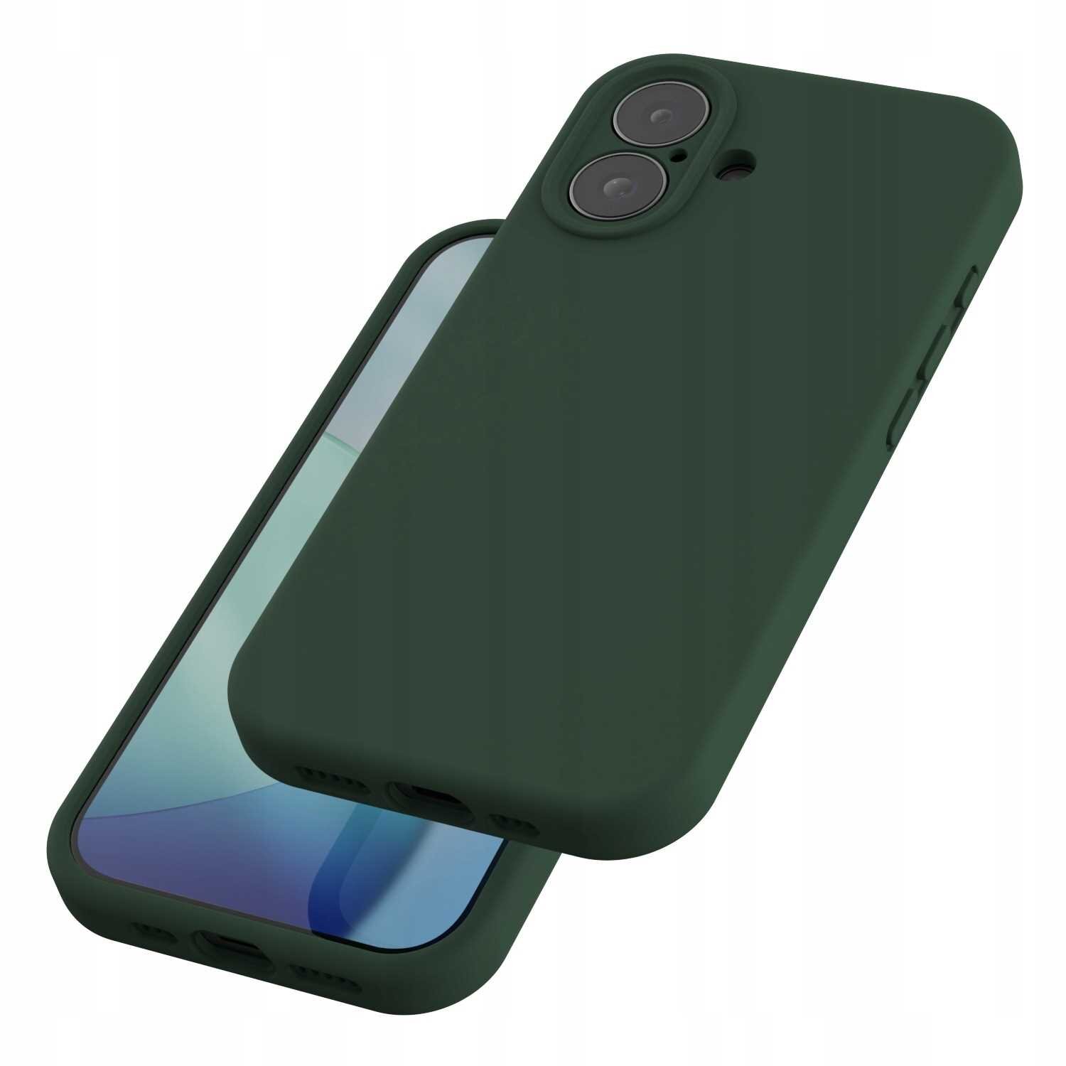 Zielone silikonowe etui na telefon z dwoma otworami na aparat i przyciskami po bokach. Etui jest pokazane na dwóch telefonach, z których jeden jest częściowo widoczny z przodu.