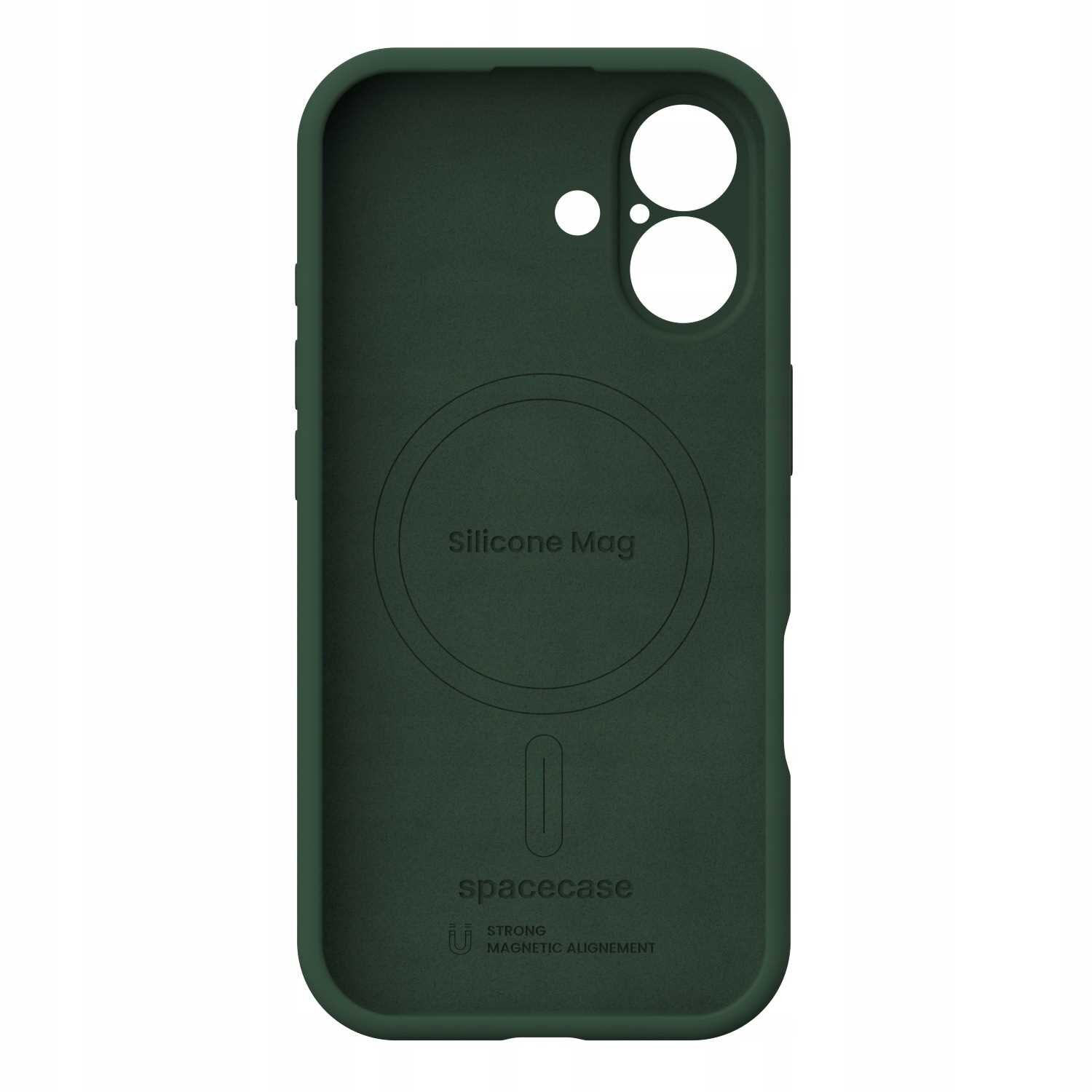 Zielone silikonowe etui z wycięciami na aparat i napisem \'Silicone Mag\'. Na dole widoczne jest logo \'spacecase\' oraz napis \'STRONG MAGNETIC ALIGNEMENT\'.