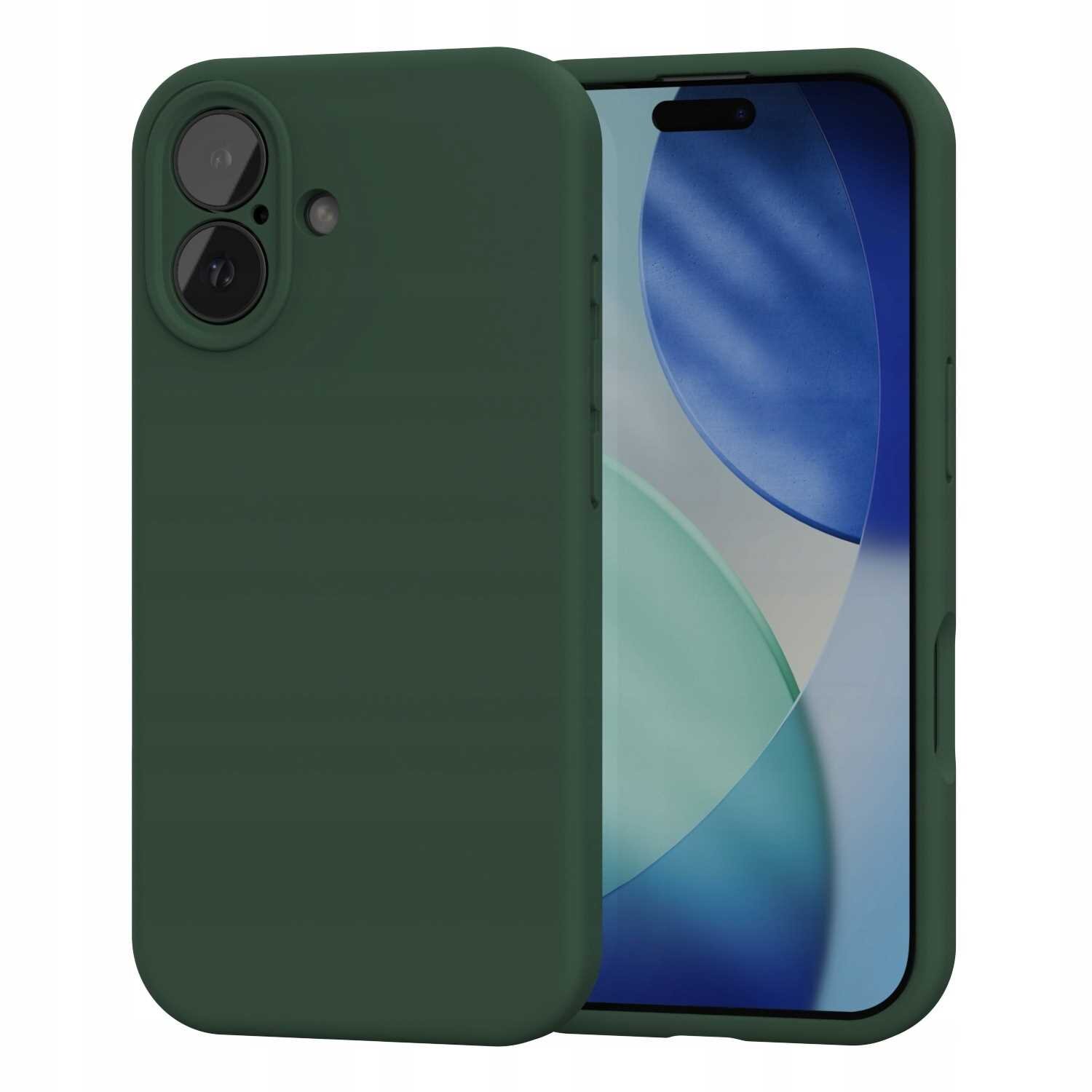 Zielone silikonowe etui na telefon z widocznymi wycięciami na aparat i przyciski. Etui jest pokazane na tle telefonu z kolorowym ekranem.