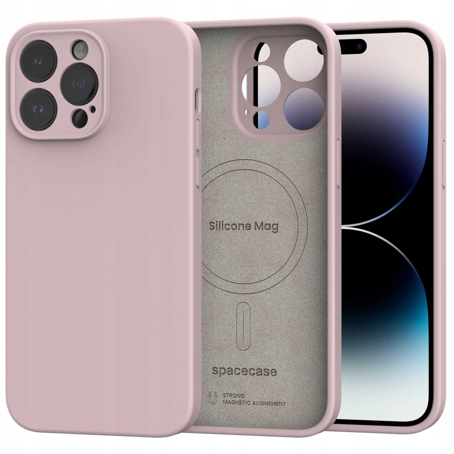 Różowe silikonowe etui magnetyczne z MagSafe do iPhone 14 Pro Max. Na wewnętrznej stronie widoczny jest napis \'Silicone Mag\' oraz \'spacecase\'.