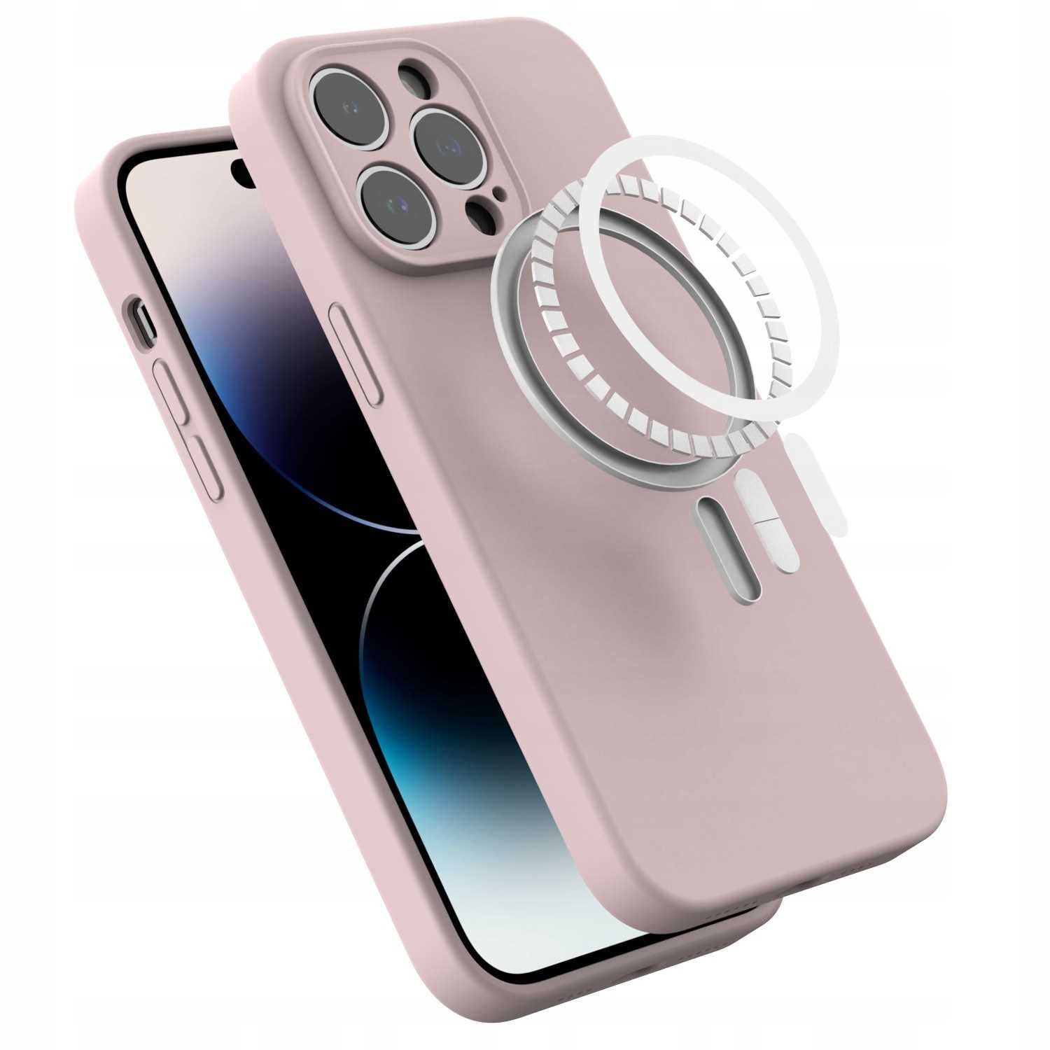 Różowe silikonowe etui magnetyczne z MagSafe do iPhone 14 Pro Max, z widocznym pierścieniem magnetycznym. Etui posiada wycięcia na przyciski i aparat.