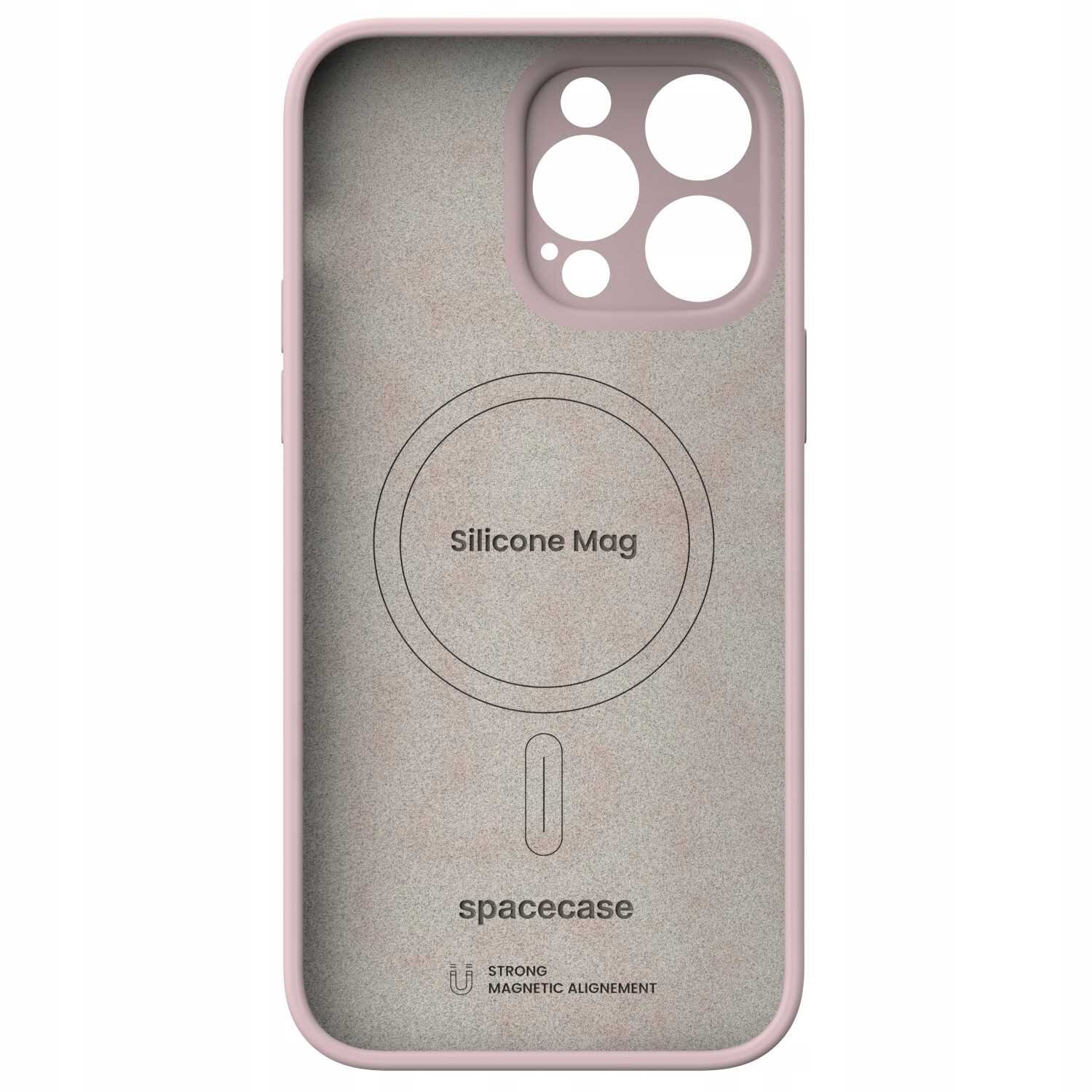 Różowe silikonowe etui z okrągłym wycięciem na aparat i napisem \'Silicone Mag\' oraz \'spacecase\'. Widoczny jest symbol magnetyczny i napis \'STRONG MAGNETIC ALIGNEMENT\'.