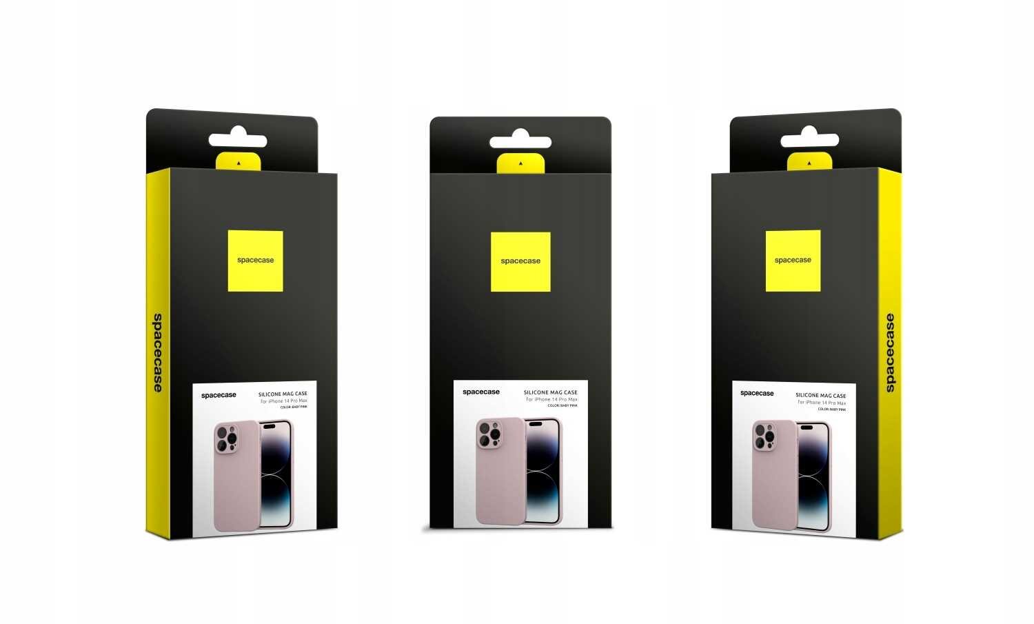 Trzy opakowania produktu z logo \'spacecase\' na czarnym tle z żółtym akcentem. Na każdym opakowaniu widoczny jest obrazek różowego etui na telefon.