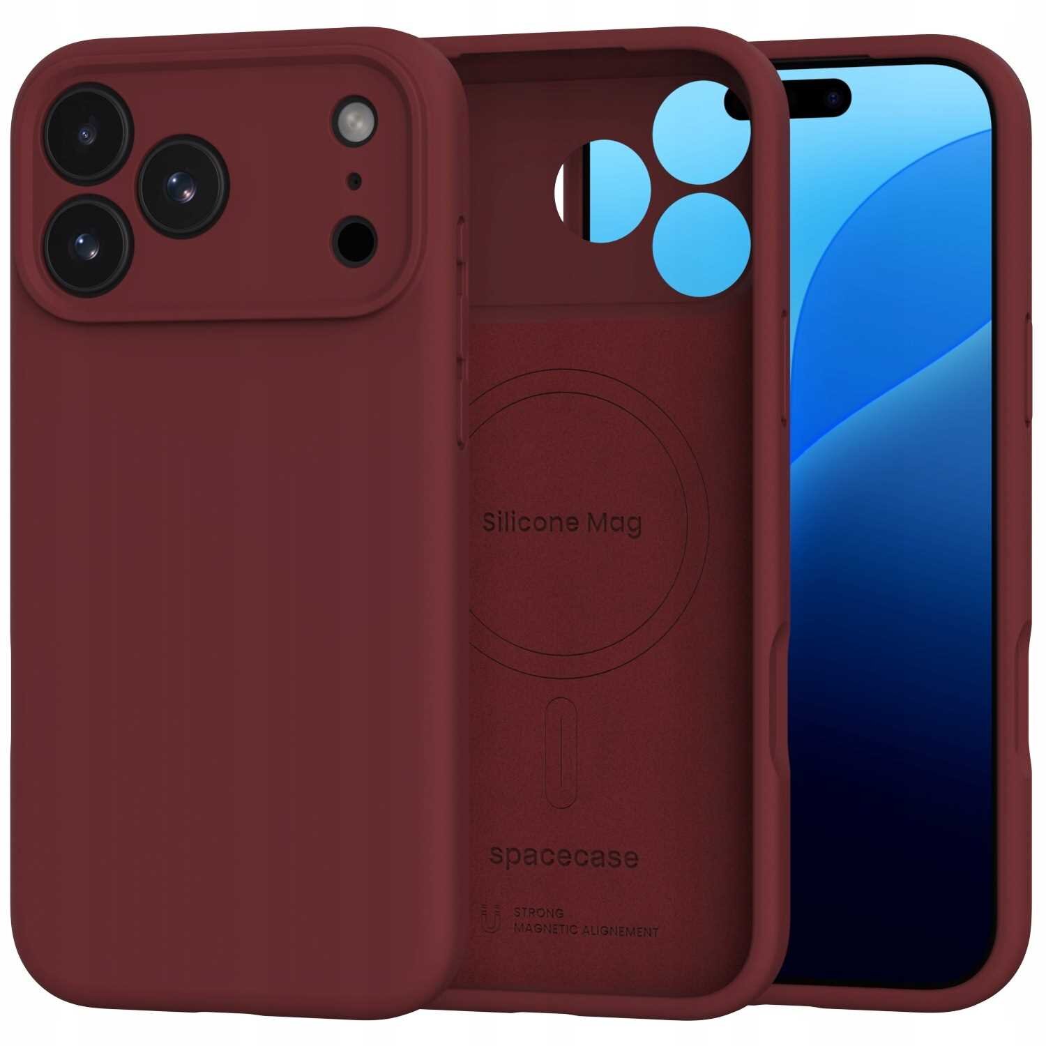 Czerwone silikonowe etui z trzema otworami na aparaty i napisem \'Silicone Mag\' oraz \'spacecase\' wewnątrz. Etui jest przeznaczone do telefonu z dużym ekranem i posiada funkcję magnetyczną.
