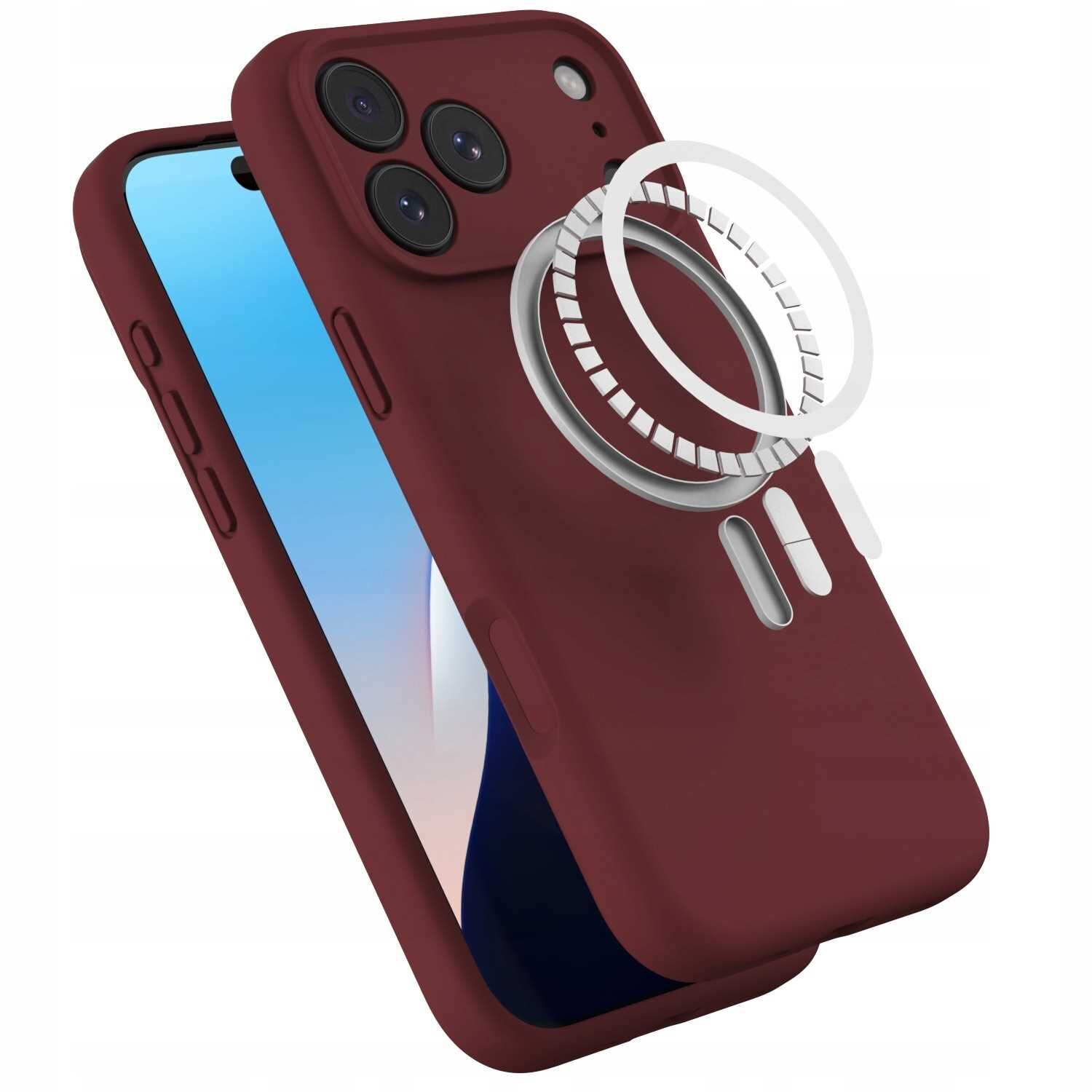 Czerwone silikonowe etui z funkcją MagSafe, przeznaczone do iPhone 17 Pro Max, z widocznymi wycięciami na aparat i przyciski. Obok etui znajduje się ilustracja pierścienia magnetycznego.