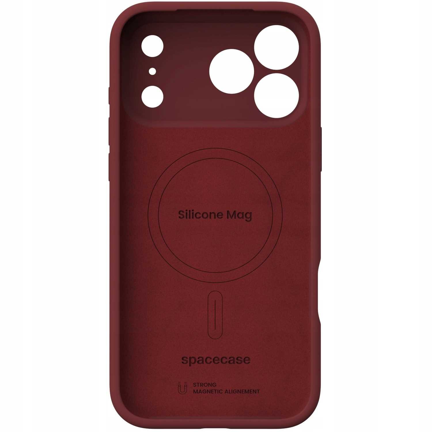 Czerwone silikonowe etui z okrągłym wzorem i napisem \'Silicone Mag\' oraz \'spacecase\'.