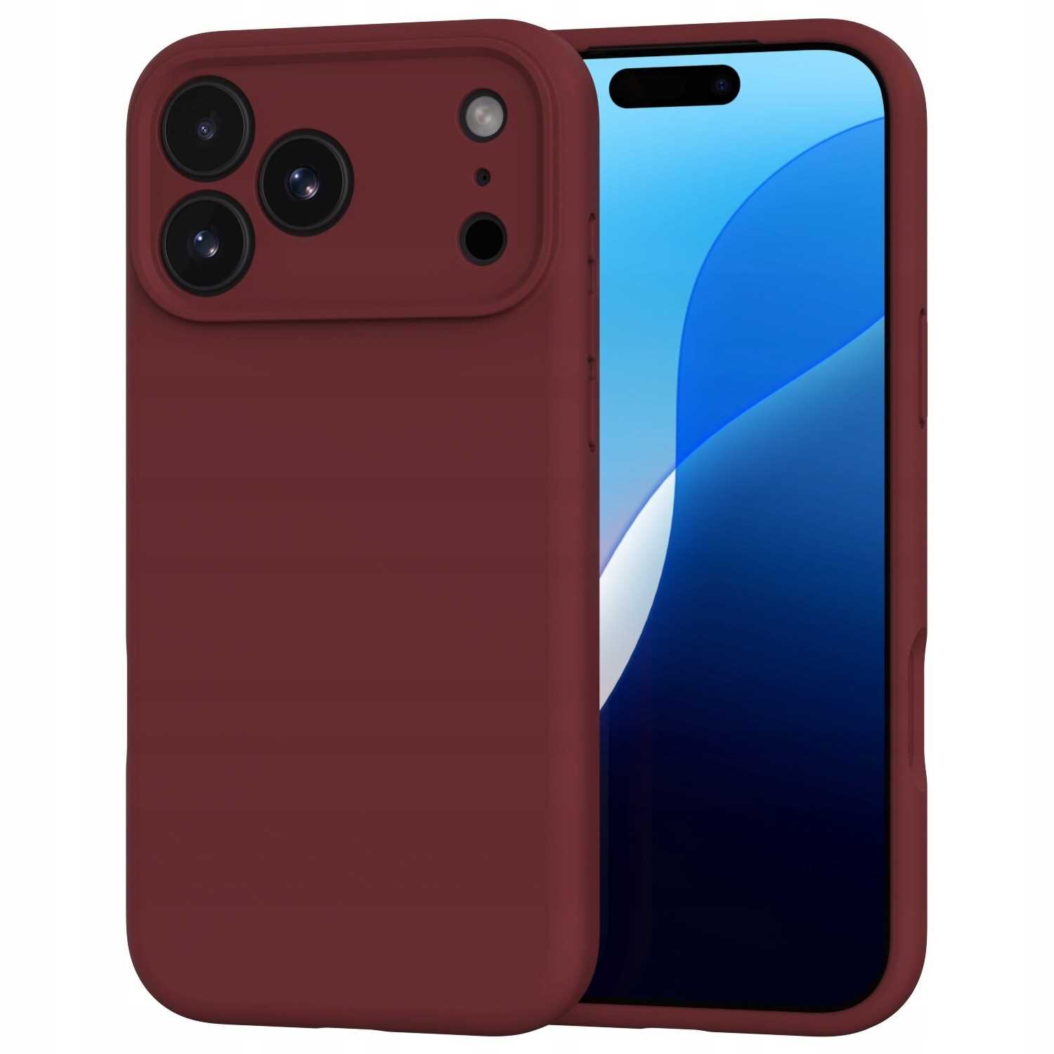 Czerwone silikonowe etui na telefon z trzema otworami na aparaty i dodatkowymi otworami na czujniki. W tle widoczny ekran telefonu z niebiesko-białą grafiką.