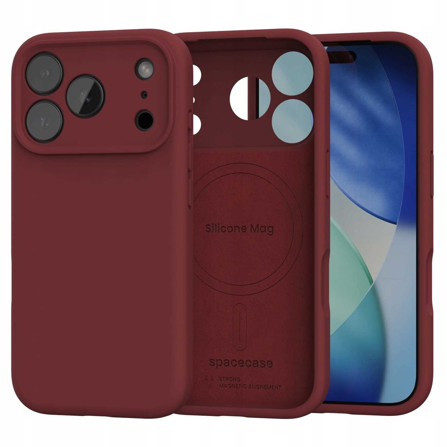 Czerwone silikonowe etui z trzema otworami na aparat i napisem \'Silicone Mag\' wewnątrz. Widoczne logo \'spacecase\' oraz napis \'STRONG MAGNETIC AUGMENT\'.