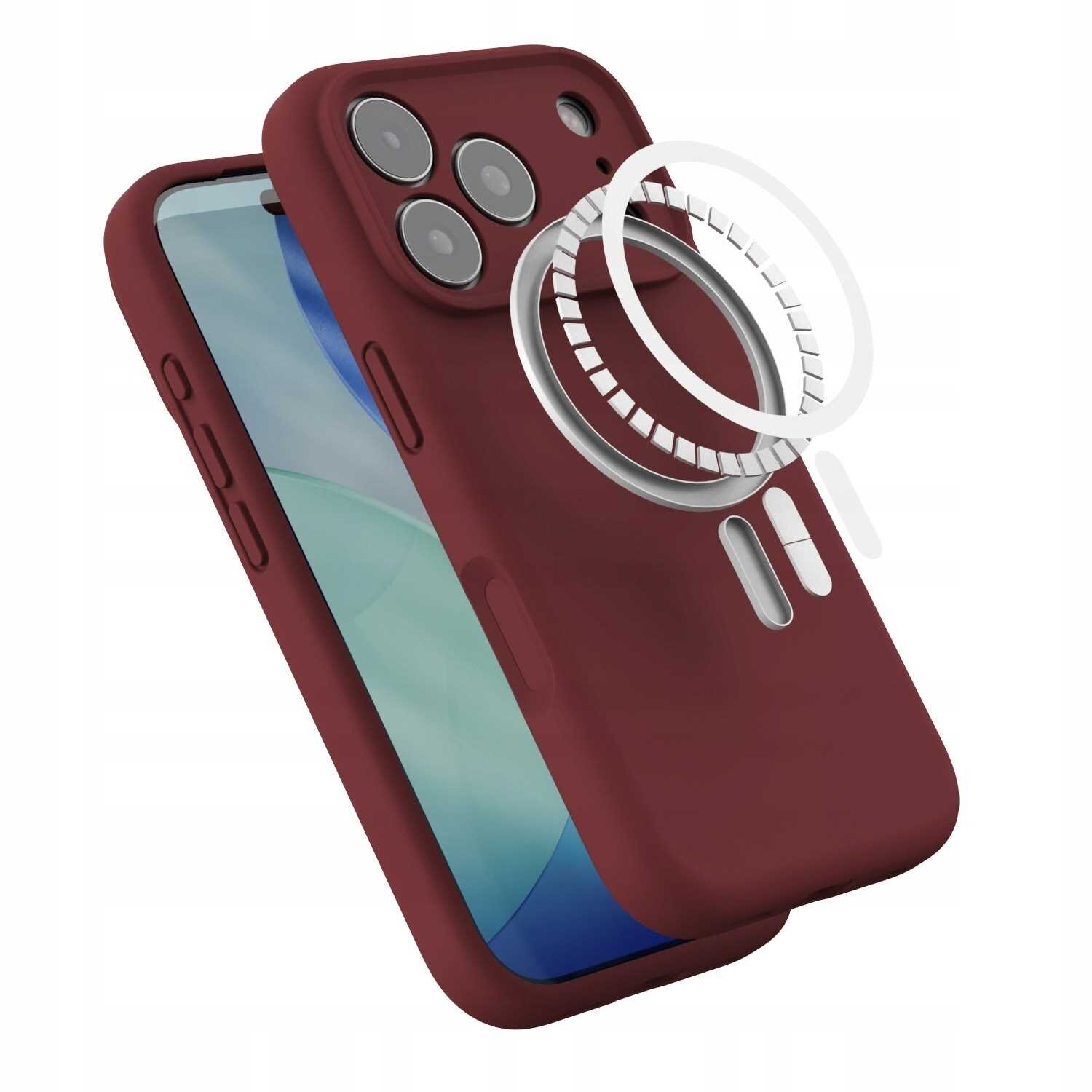 Czerwone silikonowe etui magnetyczne z funkcją MagSafe, przeznaczone do iPhone 17 Pro. Etui posiada wycięcia na aparat i przyciski boczne.