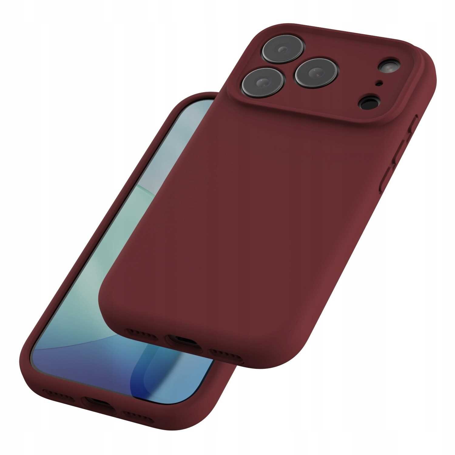 Czerwone silikonowe etui magnetyczne z trzema otworami na aparat, przeznaczone do iPhone 17 Pro. Etui posiada gładką powierzchnię i wycięcia na przyciski oraz porty.