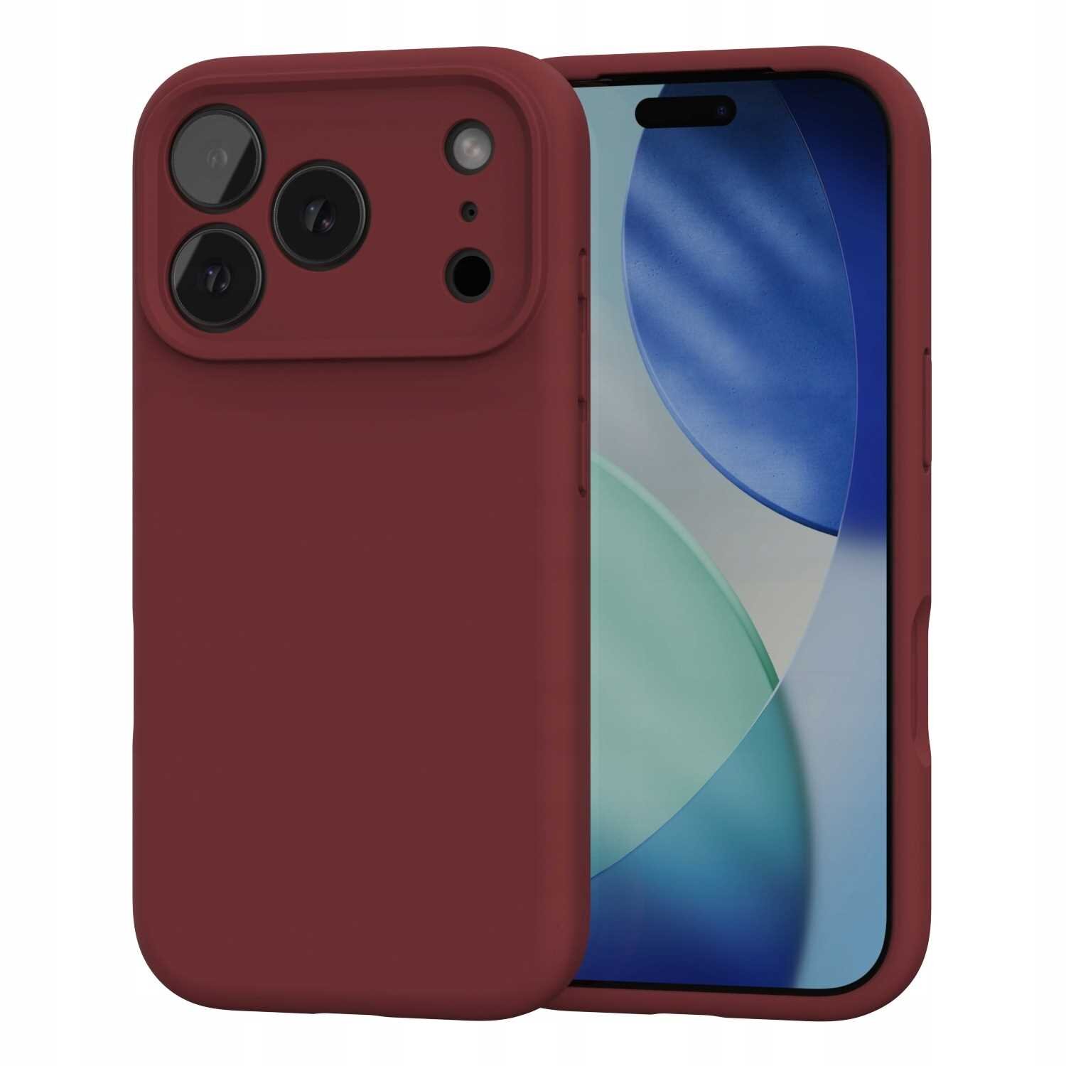 Czerwone silikonowe etui magnetyczne z trzema otworami na aparaty i dodatkowymi otworami na inne elementy telefonu. Etui jest założone na telefon z widocznym ekranem z abstrakcyjnym wzorem w odcieniach niebieskiego i zielonego.