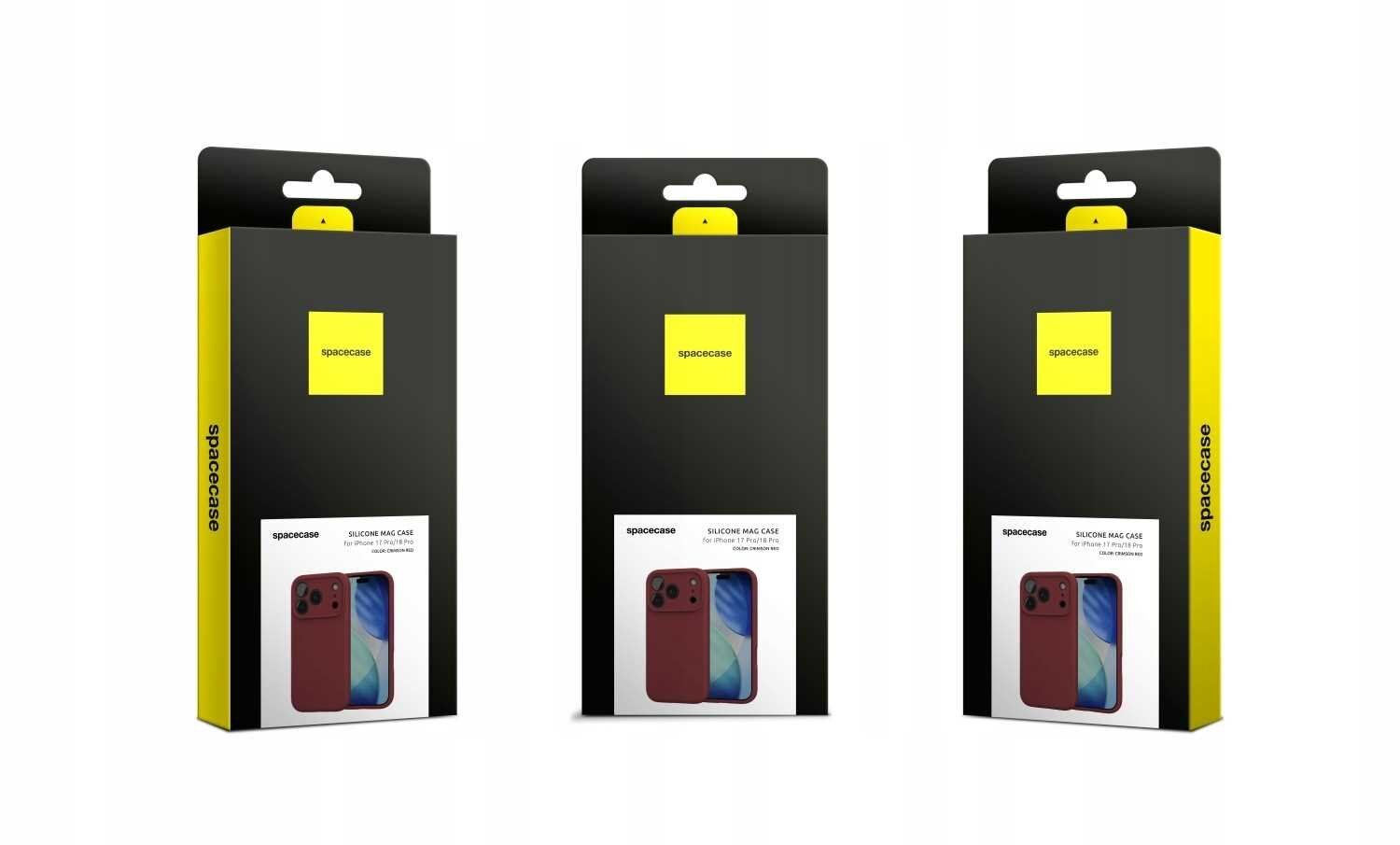 Trzy opakowania produktu SPACECASE z widocznym logo i zdjęciem etui na telefon. Opakowania są czarne z żółtymi elementami i zawierają napis \'SILICONE MAG CASE\'.