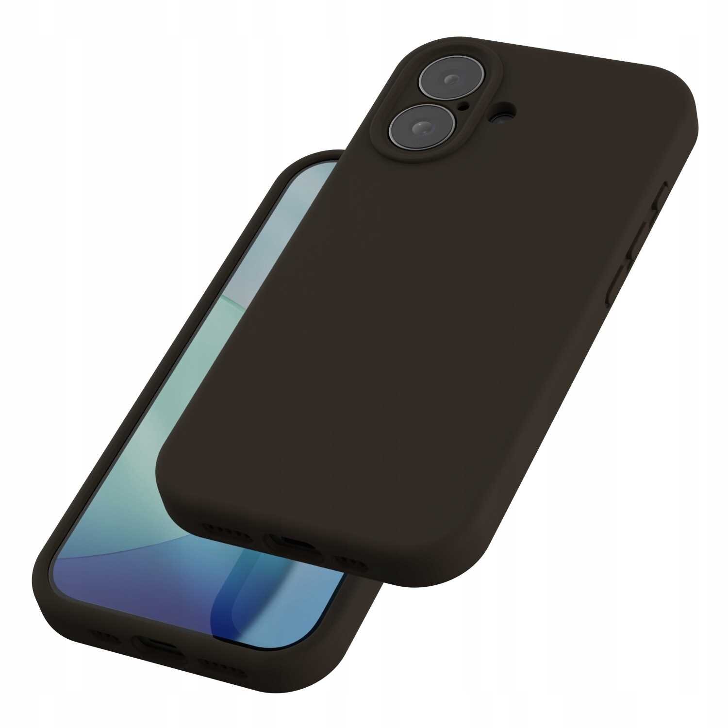 Na obrazie widoczne są dwa brązowe silikonowe etui na telefon, jedno z nich pokazuje tylną część z otworami na aparat, a drugie przód z ekranem telefonu.
