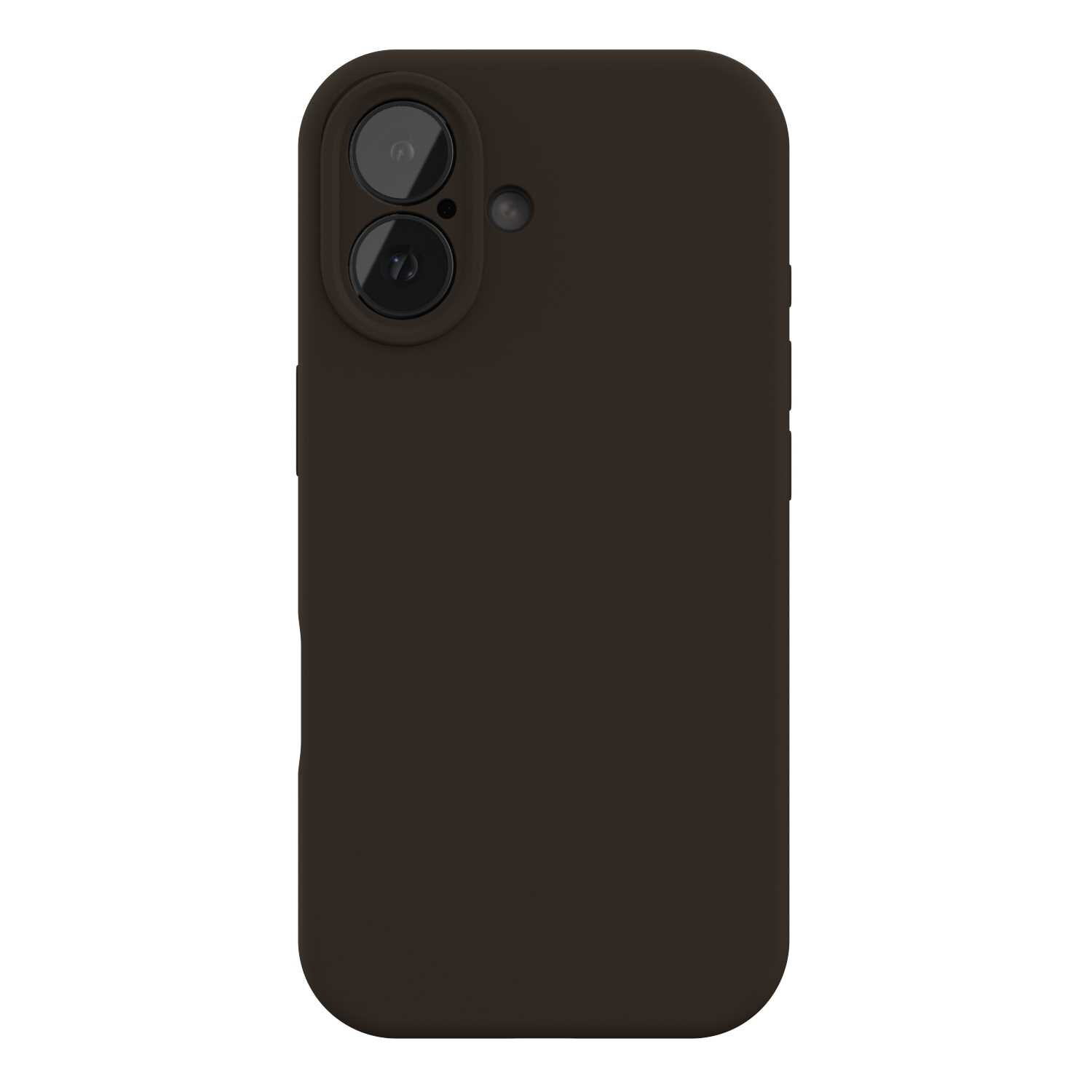 Brązowe silikonowe etui na telefon z wycięciem na aparat i przyciski boczne. Etui ma gładką powierzchnię i jest przeznaczone do iPhone\'a.
