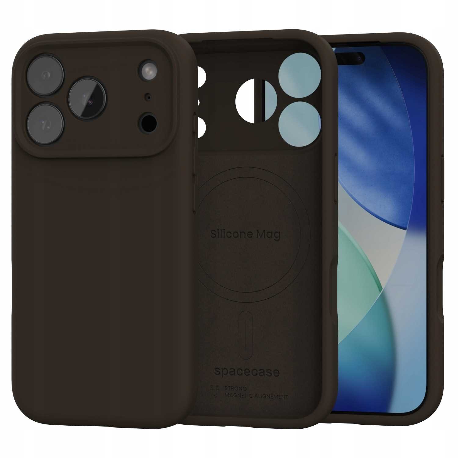 Brązowe silikonowe etui z wycięciami na aparat i logo \'Silicone Mag\' oraz \'spacecase\' widoczne na wewnętrznej stronie. Obok etui znajduje się telefon z kolorowym ekranem.