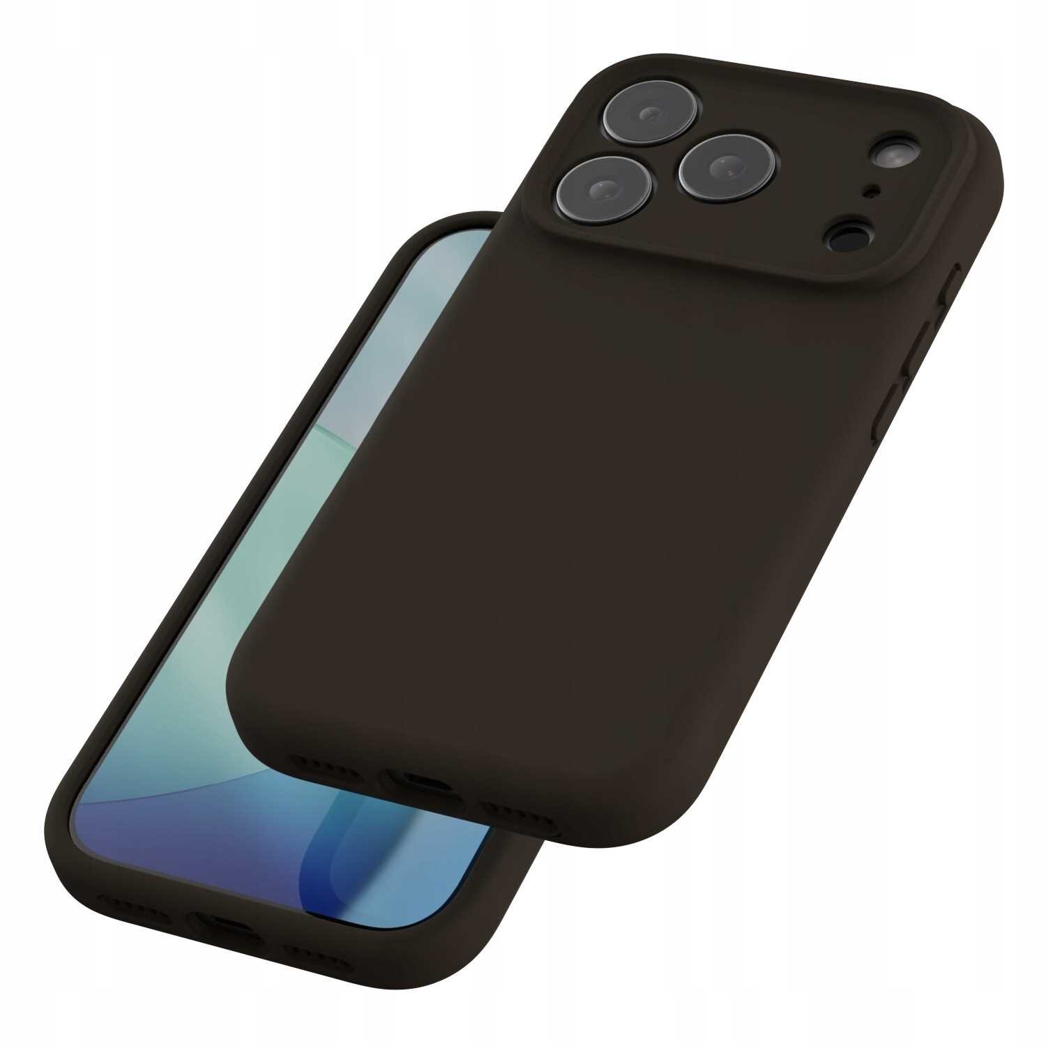 Brązowe silikonowe etui magnetyczne z trzema otworami na aparat i dodatkowymi otworami na czujniki. Etui jest przeznaczone do telefonu iPhone 17 Pro.
