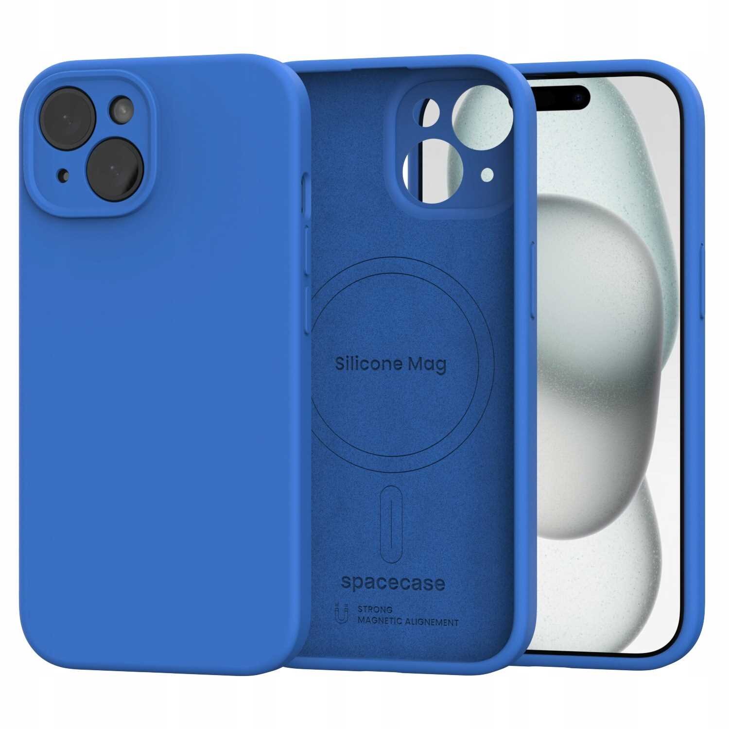 Niebieskie silikonowe etui magnetyczne z widocznym napisem \'Silicone Mag\' oraz logo \'spacecase\'. Etui jest przeznaczone do iPhone 15 i posiada funkcję MagSafe.