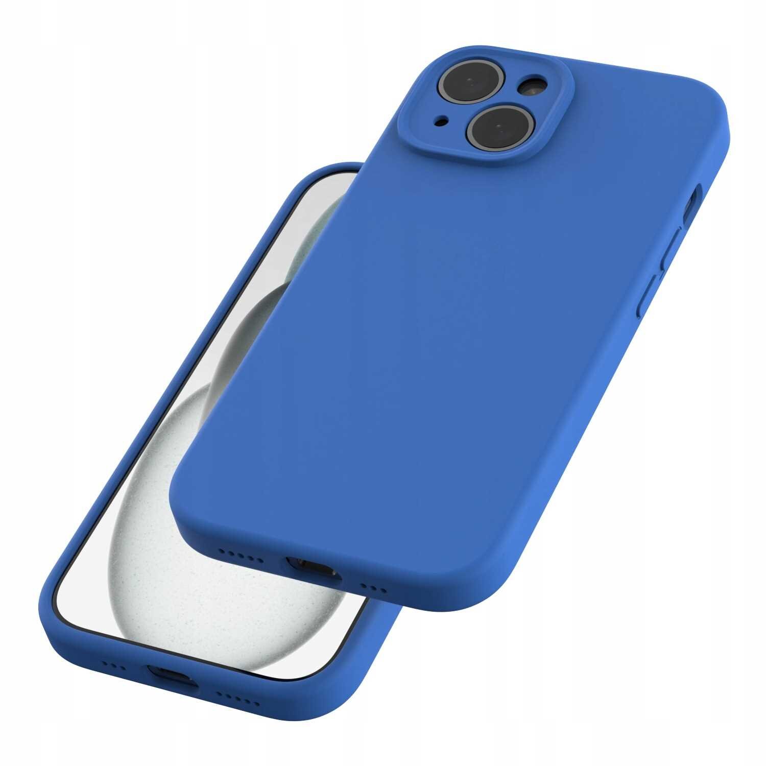 Na obrazie widoczne jest niebieskie silikonowe etui na telefon z dwoma otworami na aparat. Etui jest pokazane z przodu i z tyłu, z widocznymi przyciskami bocznymi i otworami na porty.