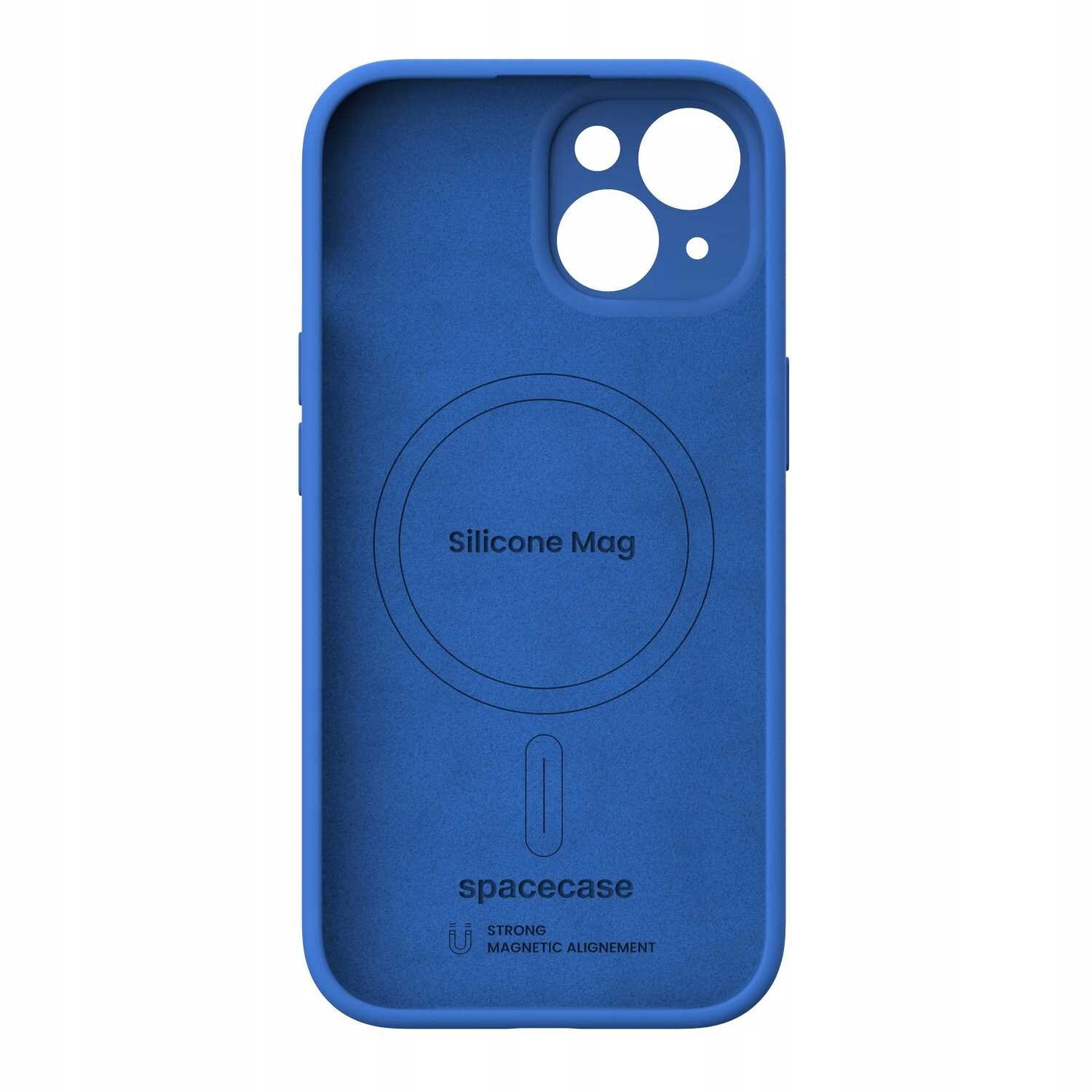 Niebieskie silikonowe etui z okrągłym wzorem i napisem \'Silicone Mag\' oraz \'spacecase\'. Widoczne są również napisy \'STRONG MAGNETIC ALIGNMENT\'.