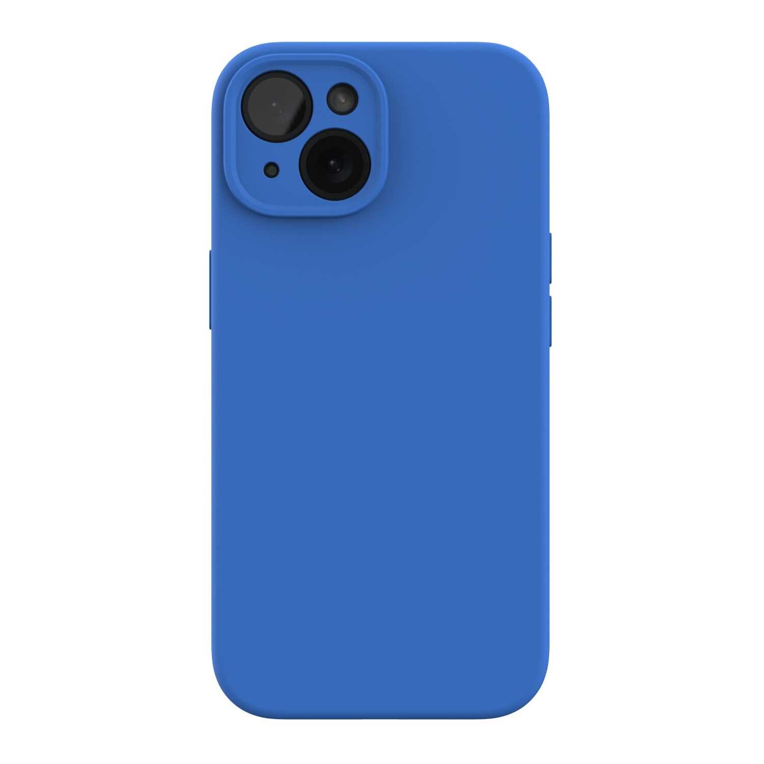 Niebieskie silikonowe etui na telefon z wycięciem na aparat i przyciski boczne.
