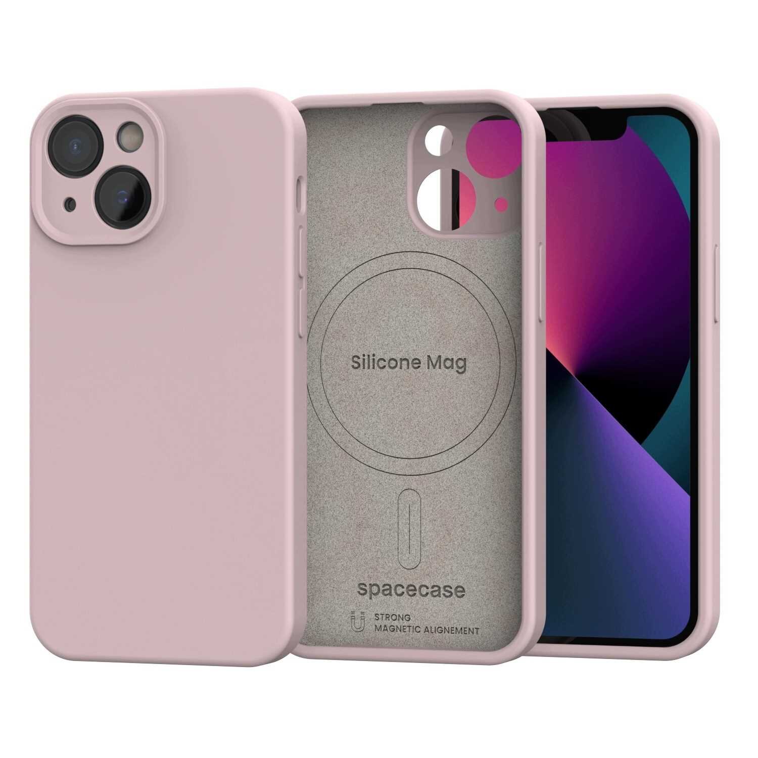 Różowe silikonowe etui magnetyczne z napisem \'Silicone Mag\' i \'spacecase\' oraz oznaczeniem \'STRONG MAGNETIC ALIGNMENT\'. Etui jest przeznaczone do iPhone 13 mini i posiada wycięcia na aparat oraz przyciski.