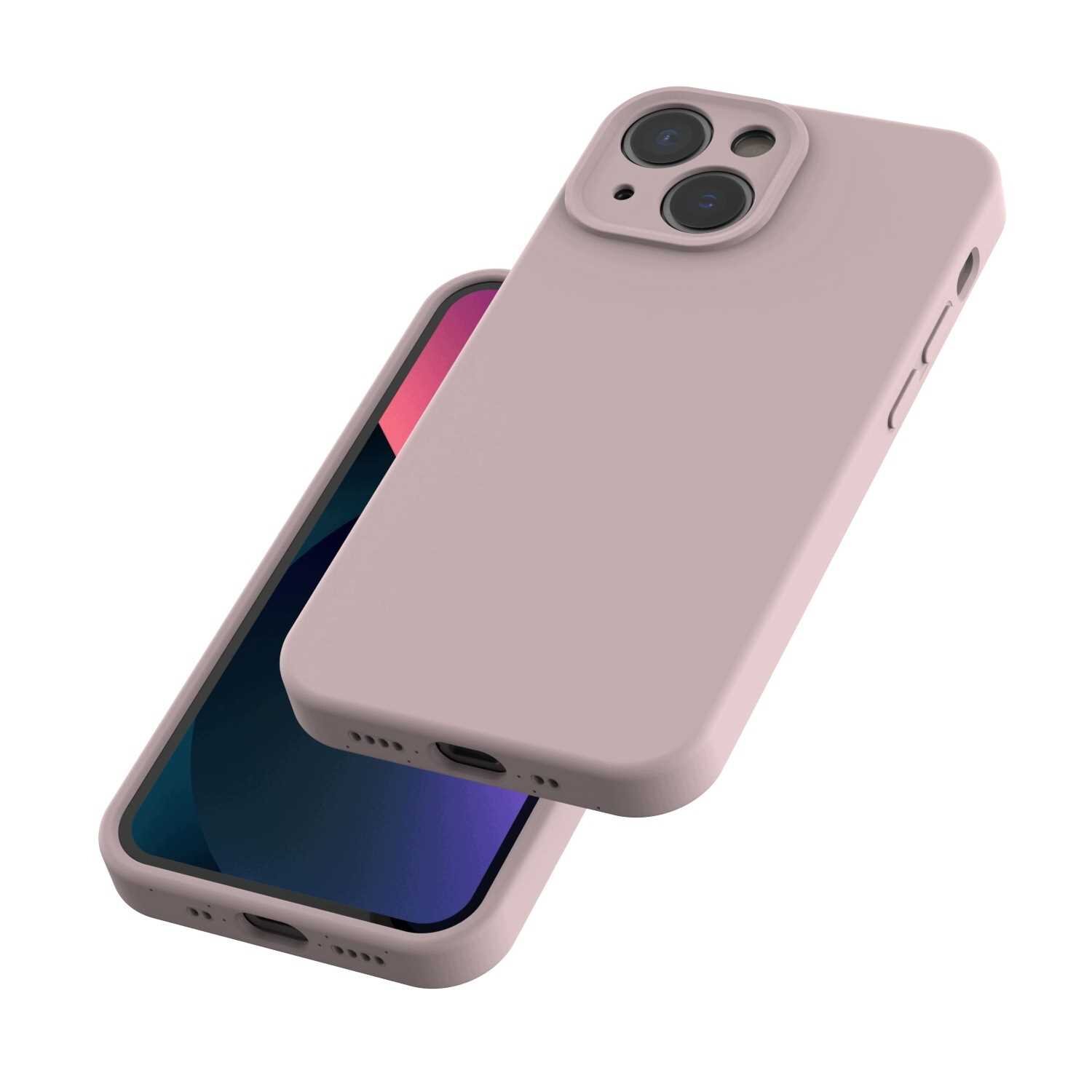 Różowe silikonowe etui na telefon z widocznymi wycięciami na aparat i przyciski. Etui jest pokazane z przodu i z tyłu, prezentując jego dopasowanie do urządzenia.