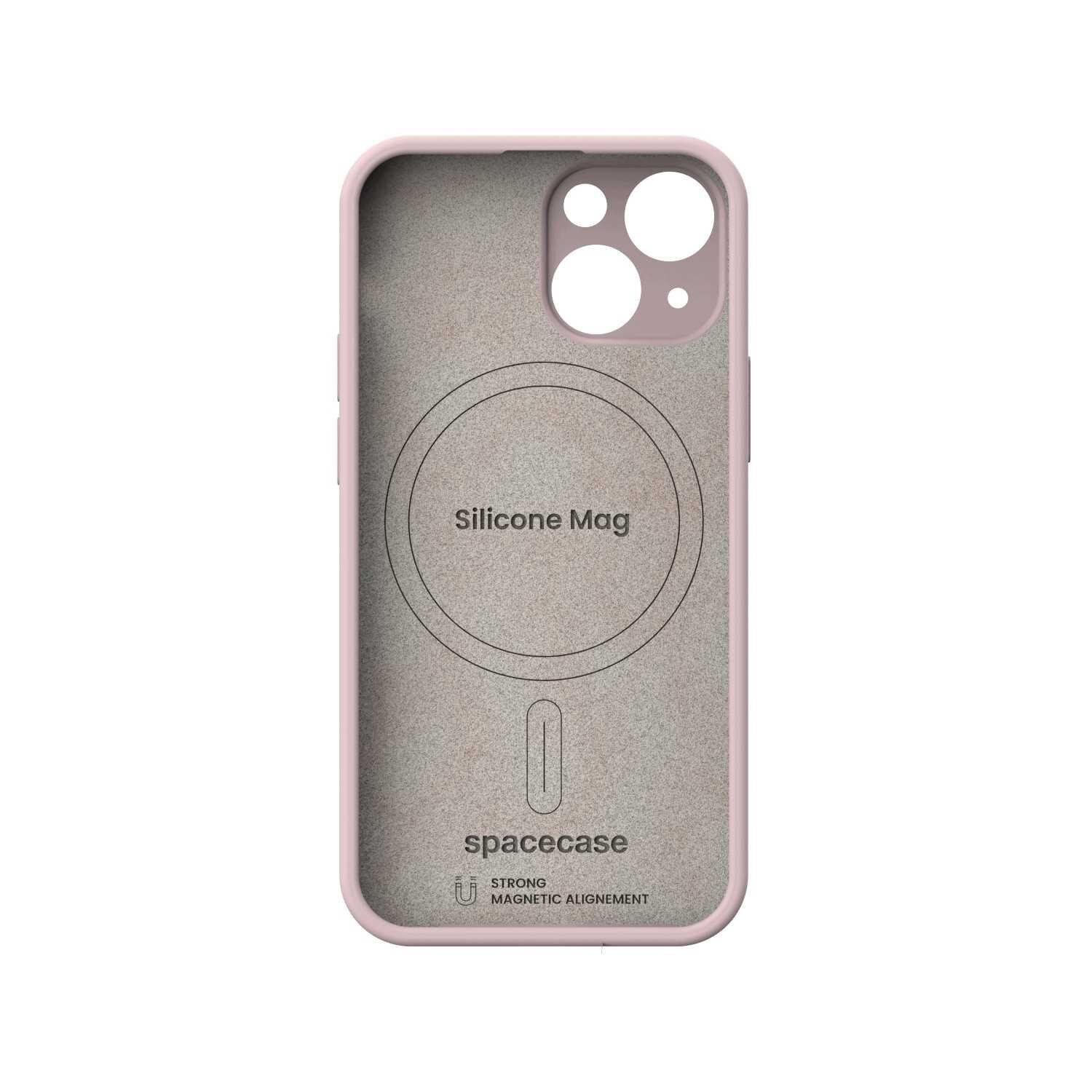 Różowe silikonowe etui z okrągłym wycięciem na aparat i napisem \'Silicone Mag\' oraz \'spacecase\'.