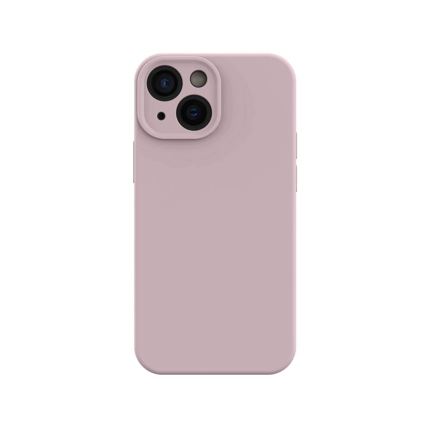 Różowe silikonowe etui na telefon z wycięciami na dwa obiektywy aparatu i lampę błyskową. Etui ma gładką powierzchnię i zaokrąglone krawędzie.
