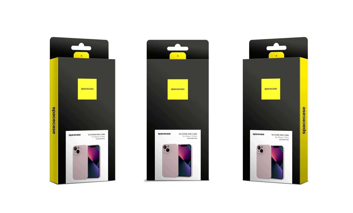 Opakowanie silikonowego etui magnetycznego SPACECASE Silicone Mag do iPhone 13 mini w kolorze różowym. Na opakowaniu widoczne jest logo \'spacecase\' oraz zdjęcie etui na telefonie.