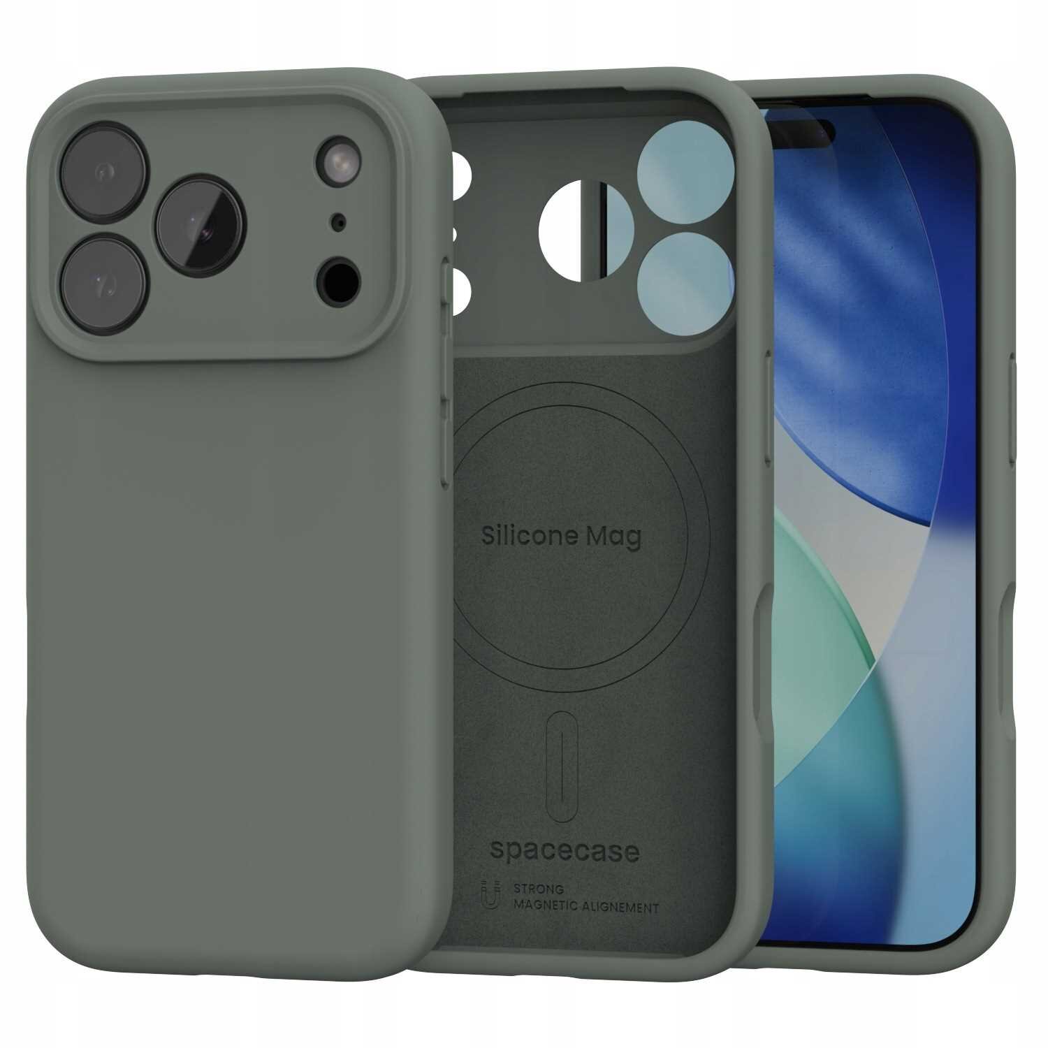 Silikonowe etui magnetyczne w kolorze zielonym z trzema dużymi otworami na aparaty i dodatkowymi mniejszymi otworami. Wewnątrz widoczny napis \'Silicone Mag\' oraz logo \'spacecase\'.