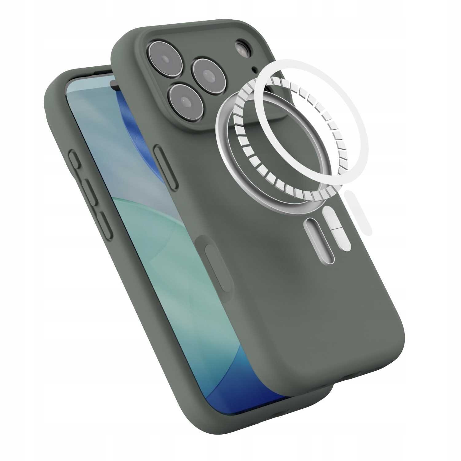 Zielone silikonowe etui magnetyczne z MagSafe, przeznaczone do iPhone 17 Pro, z widocznymi wycięciami na aparat i przyciski. Na etui znajduje się okrągły symbol wskazujący na funkcję MagSafe.