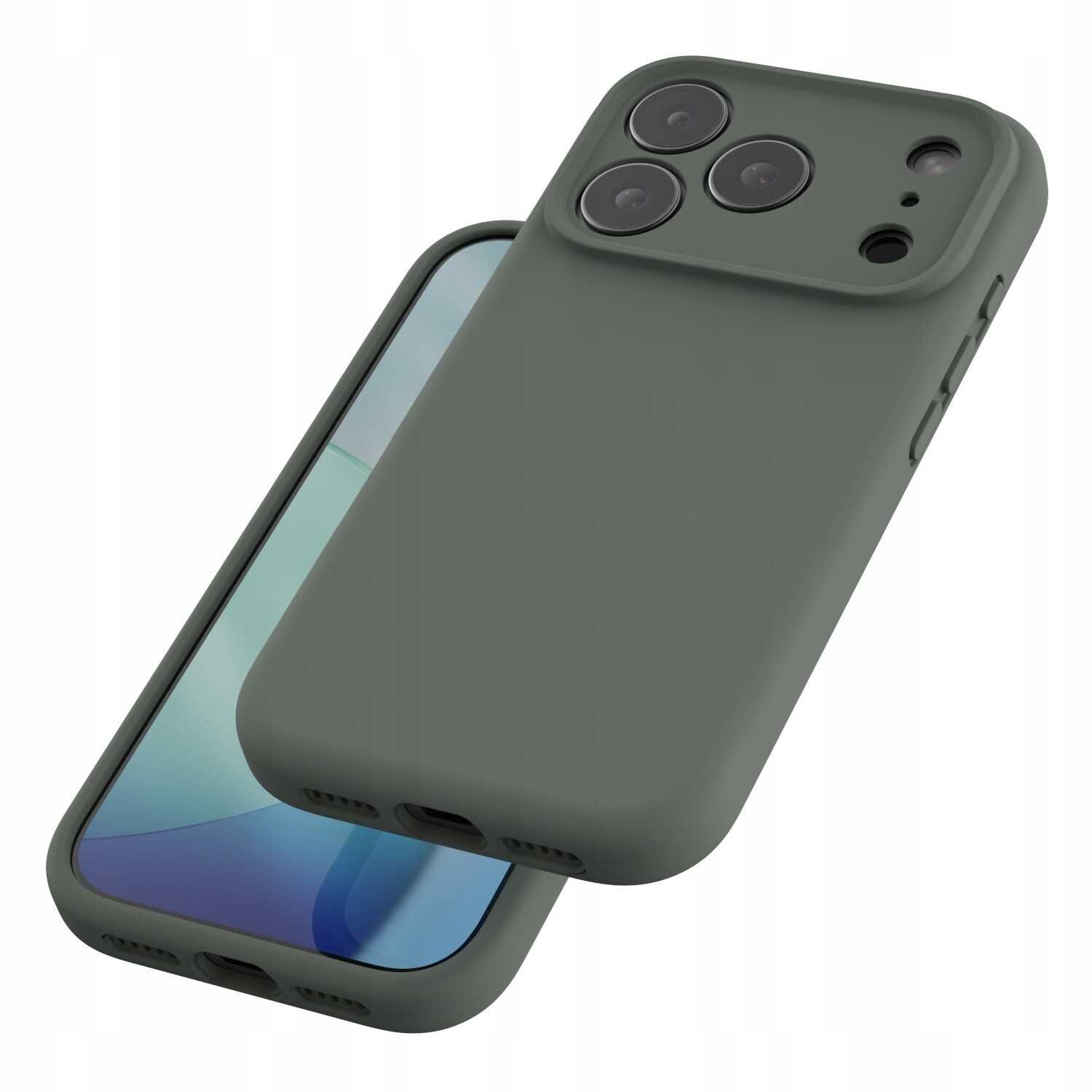Zielone silikonowe etui magnetyczne z trzema otworami na aparat i dodatkowymi otworami na przyciski oraz porty. Etui jest przeznaczone do telefonu iPhone 17 Pro.