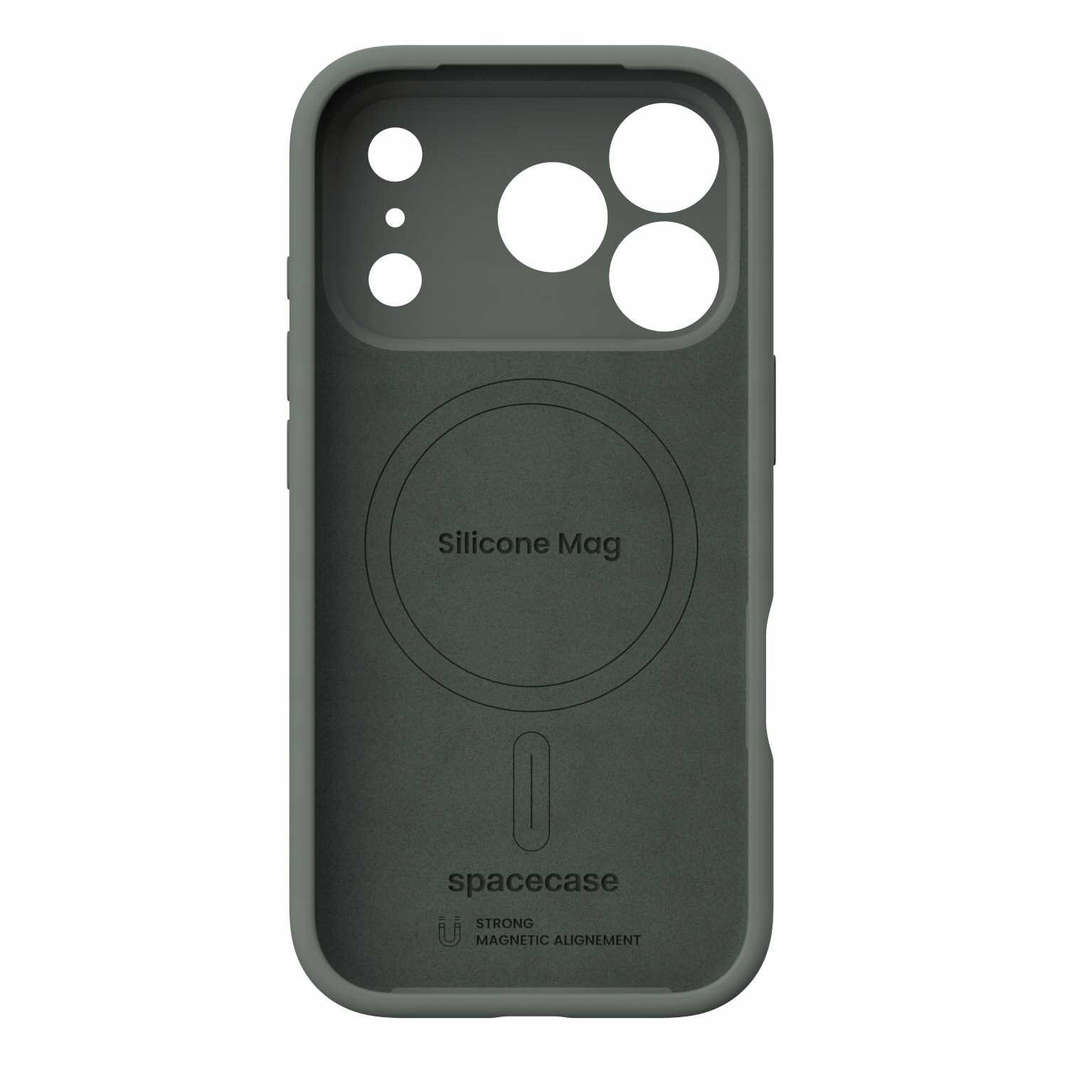 Zielone silikonowe etui z wycięciami na aparat i napisem \'Silicone Mag\' oraz \'spacecase\'.