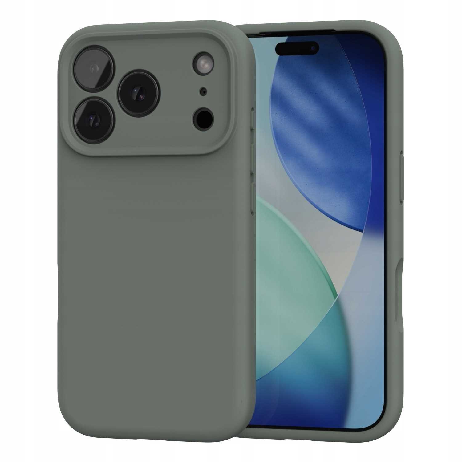 Zielone silikonowe etui magnetyczne na telefon z trzema widocznymi obiektywami aparatu. Obok etui znajduje się telefon z wyświetlaczem pokazującym abstrakcyjny wzór w odcieniach niebieskiego i zielonego.