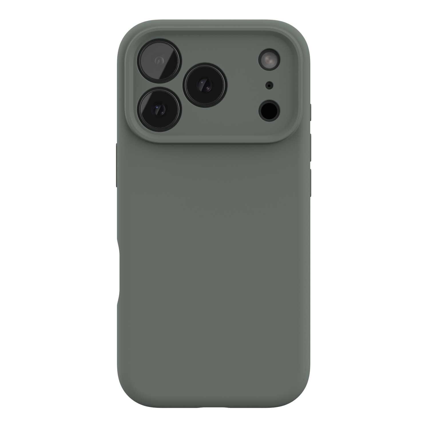 Zielone silikonowe etui na telefon z trzema otworami na aparaty i dodatkowymi otworami na inne elementy. Etui ma gładką powierzchnię i zaokrąglone krawędzie.