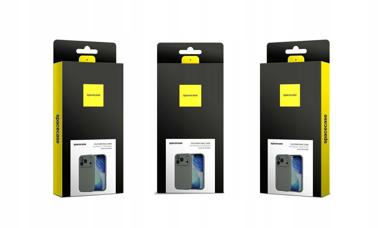 Trzy opakowania produktu z logo \'spacecase\' na żółtym tle, zawierające zdjęcie zielonego etui na telefon. Na opakowaniu widnieje napis \'SILICONE MAG CASE\'.
