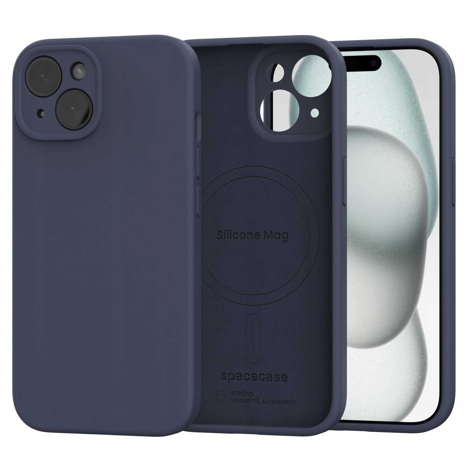 Na obrazie widoczne jest niebieskie silikonowe etui magnetyczne z MagSafe do iPhone 15. Na etui znajduje się napis \'Silicone Mag\' oraz \'spacecase\'.