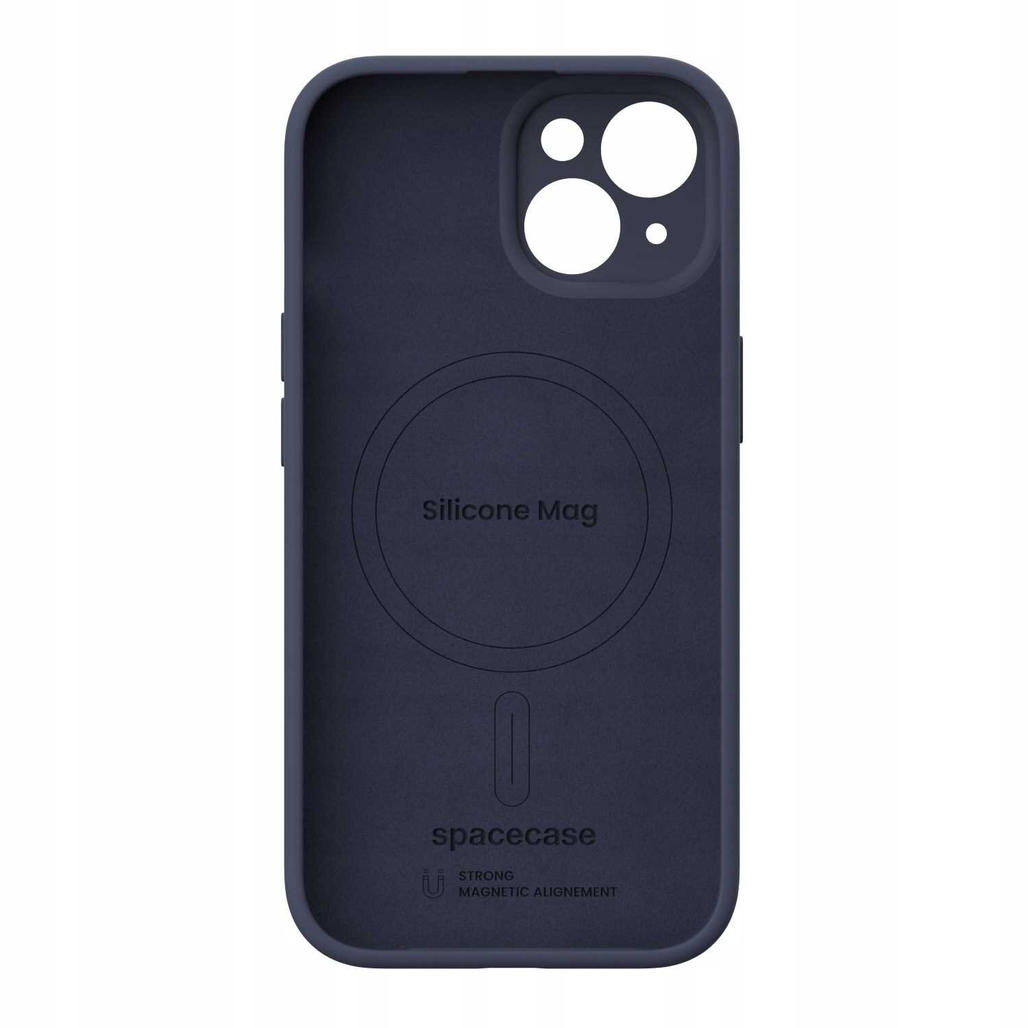 Niebieskie silikonowe etui z okrągłym wycięciem na aparat i napisem \'Silicone Mag\' oraz \'spacecase\'.