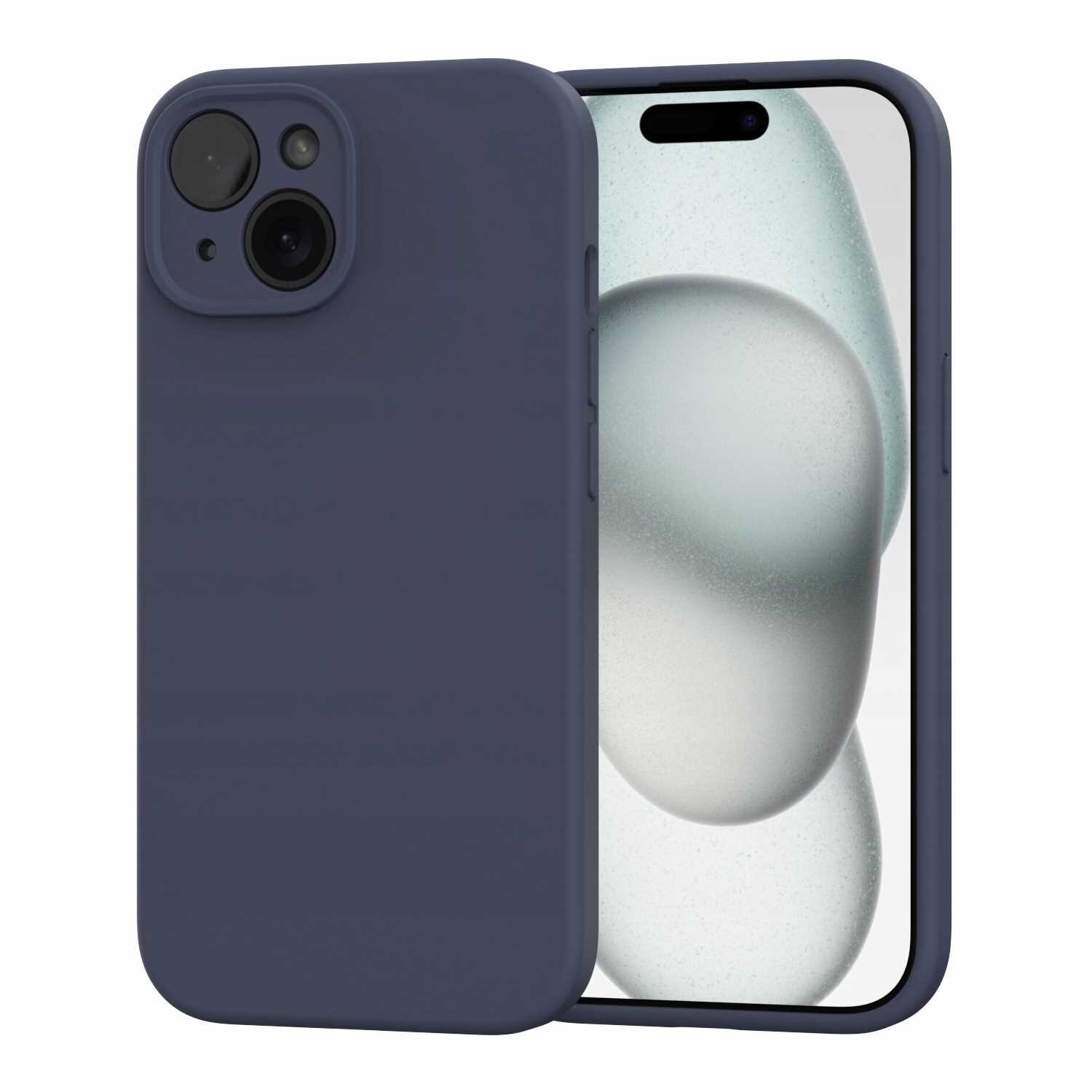 Silikonowe etui magnetyczne w kolorze niebieskim, przeznaczone do iPhone 15, z widocznymi wycięciami na aparat i przyciski. Na ekranie telefonu widoczny jest abstrakcyjny wzór w odcieniach szarości.